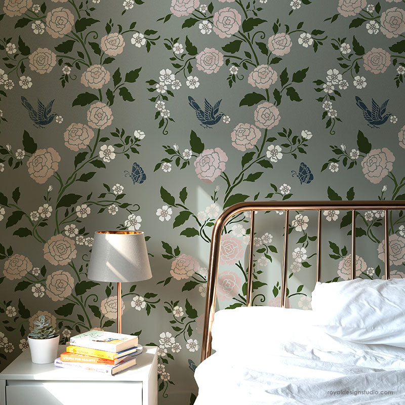 Meandering Rose Chinoiserie Wall Stencil - DIY Home Decor for Bedroom, Living Room & Nursery - Floral Pattern Painting Template for Walls and Furniture