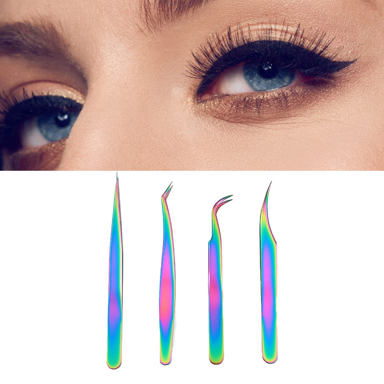 Professional Stainless Steel False Eyelash Tweezers 4Pcs Set - Eyelash Extension Tools for Perfect Lash Application | Salon & Home Use Beauty Essentials