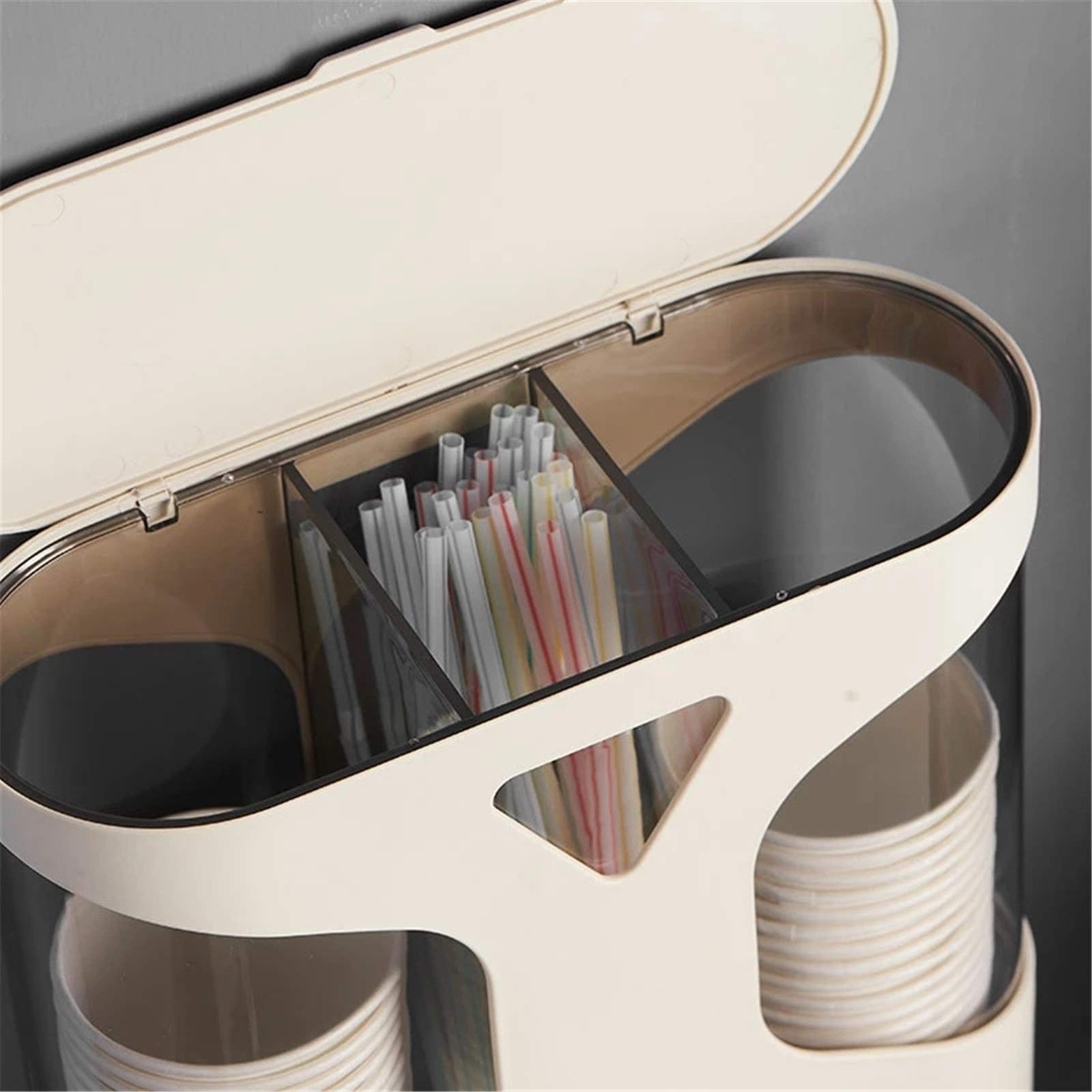 Wall Mount Automatic Paper Cup Dispenser with Straw Holder - White One Size - Easy to Use for Coffee, Tea, and Beverages at Home, Office, or Cafe