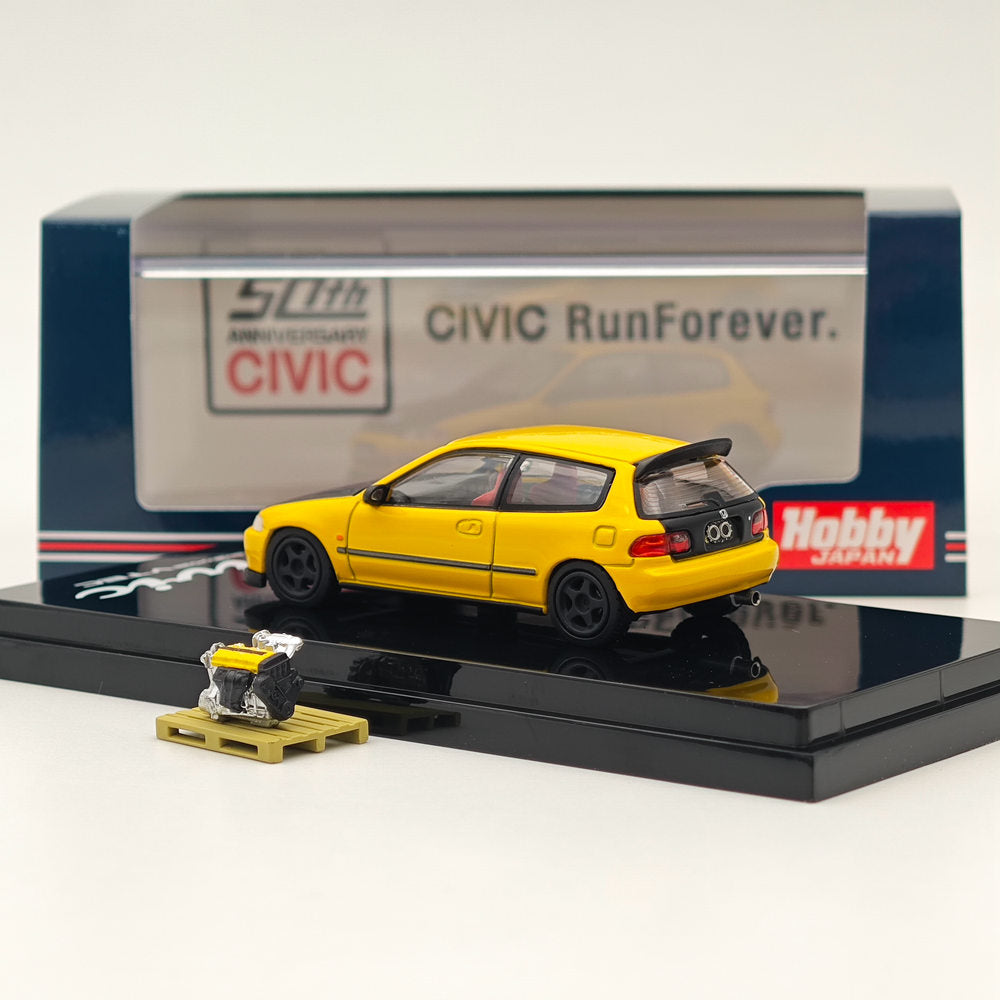 1/64 Honda CIVIC (EG6) JDM Style Custom Diecast Model Car with Engine Display - Yellow HJ642017AY - Collectible Scale Model for Car Enthusiasts | Perfect for Display, Gifts, and Hobby Collections (Ships from USA)