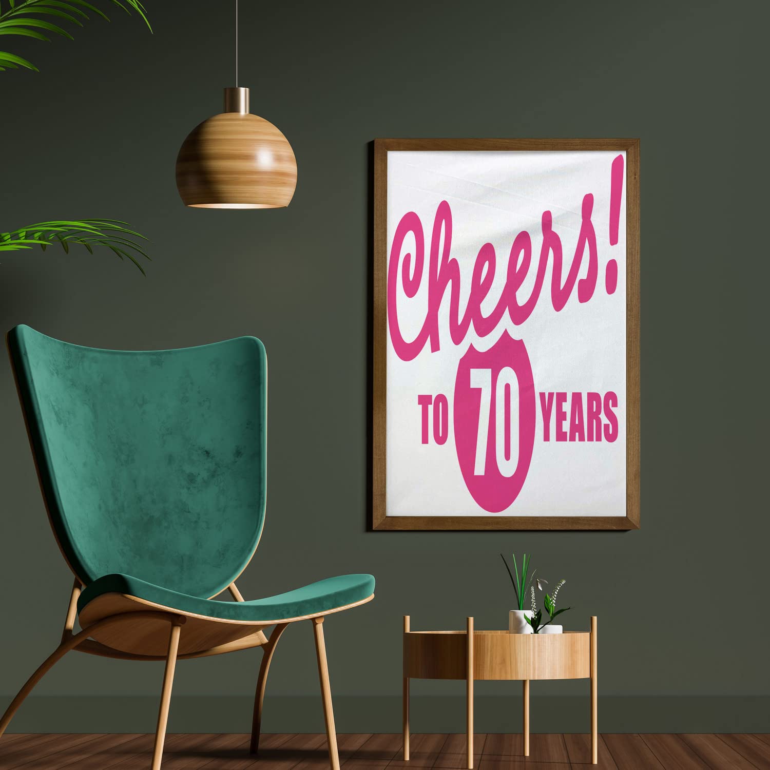 Ambesonne 70th Birthday Framed Wall Art - Cheers to 70 Years Calligraphy Print with Teak Wood Frame, 23x35 Inch Pink & Black Fabric Decor - Perfect for Home, Office & Dorm Room Party Decorations