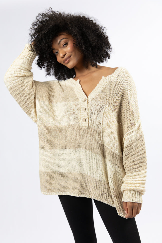 Best Beige Oversized Striped Henley Sweater for Women | Soft & Cozy Pullover | Casual Fall & Winter Fashion | Perfect for Layering, Coffee Dates & Weekend Outings