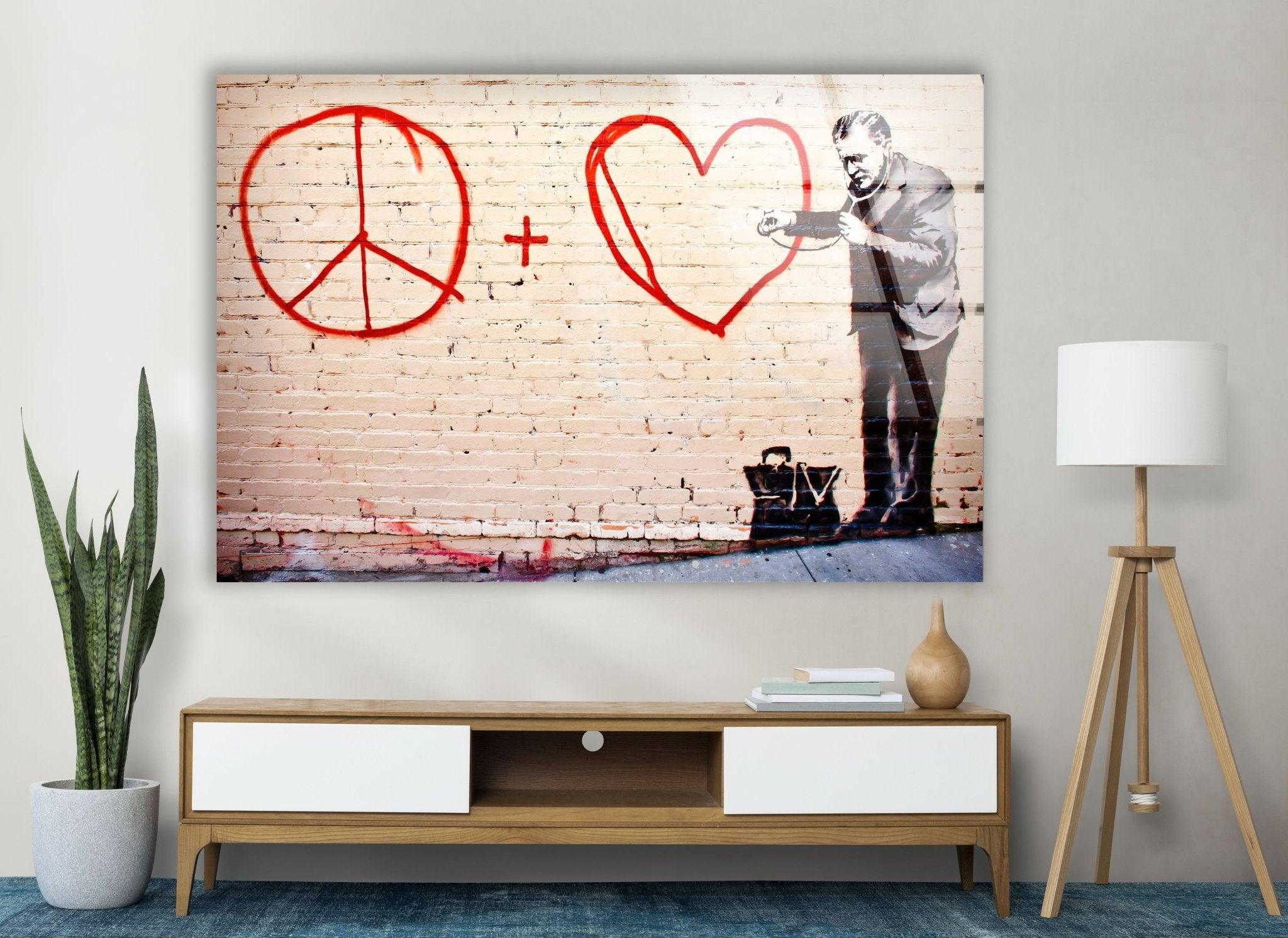 Banksy Peace and Love Glass Wall Art - Modern Home Decor for Living Room, Bedroom & Office - Unique Street Art Inspired Glass Panel