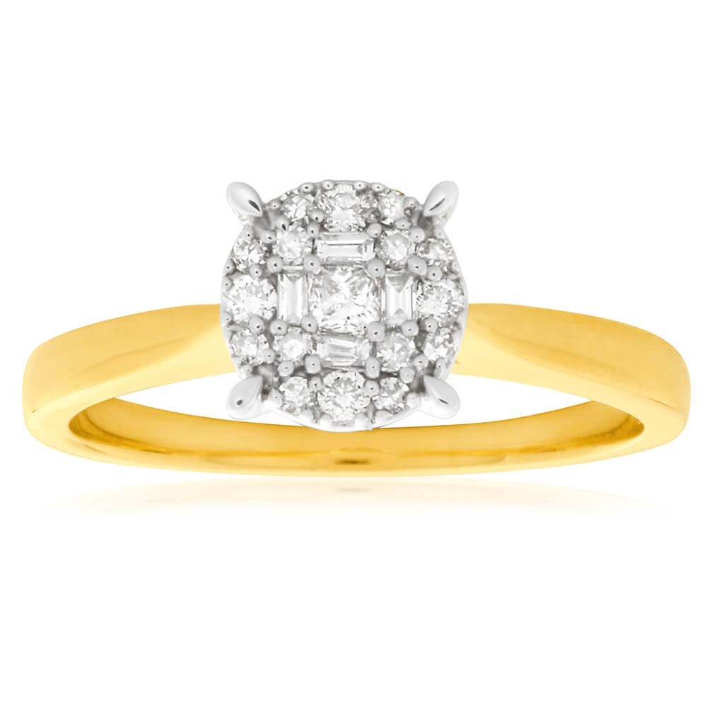 9ct Yellow Gold 1/5 Carat Diamond Ring with Brilliant Princess & Baguette Cut Diamonds - Elegant Engagement, Wedding & Anniversary Jewelry Gift for Women