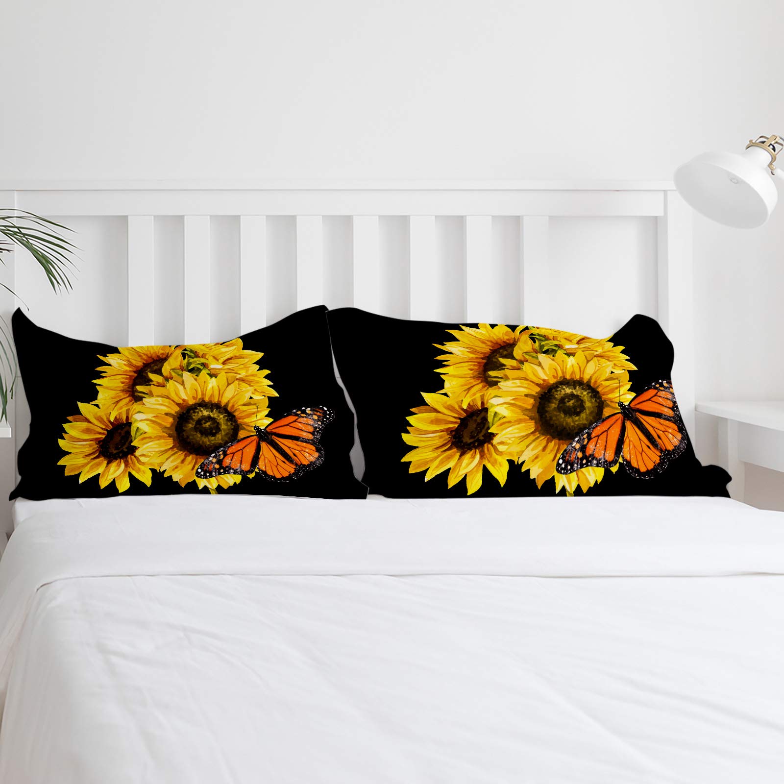 Queen Size Duvet Cover Set 3 Pieces - Yellow Sunflower & Butterfly Design on Black Background | Soft Bedding Set with Zipper Closure & Corner Ties | All Season Comforter Cover | Perfect for Bedroom Decor, Guest Room, and Cozy Home Styling