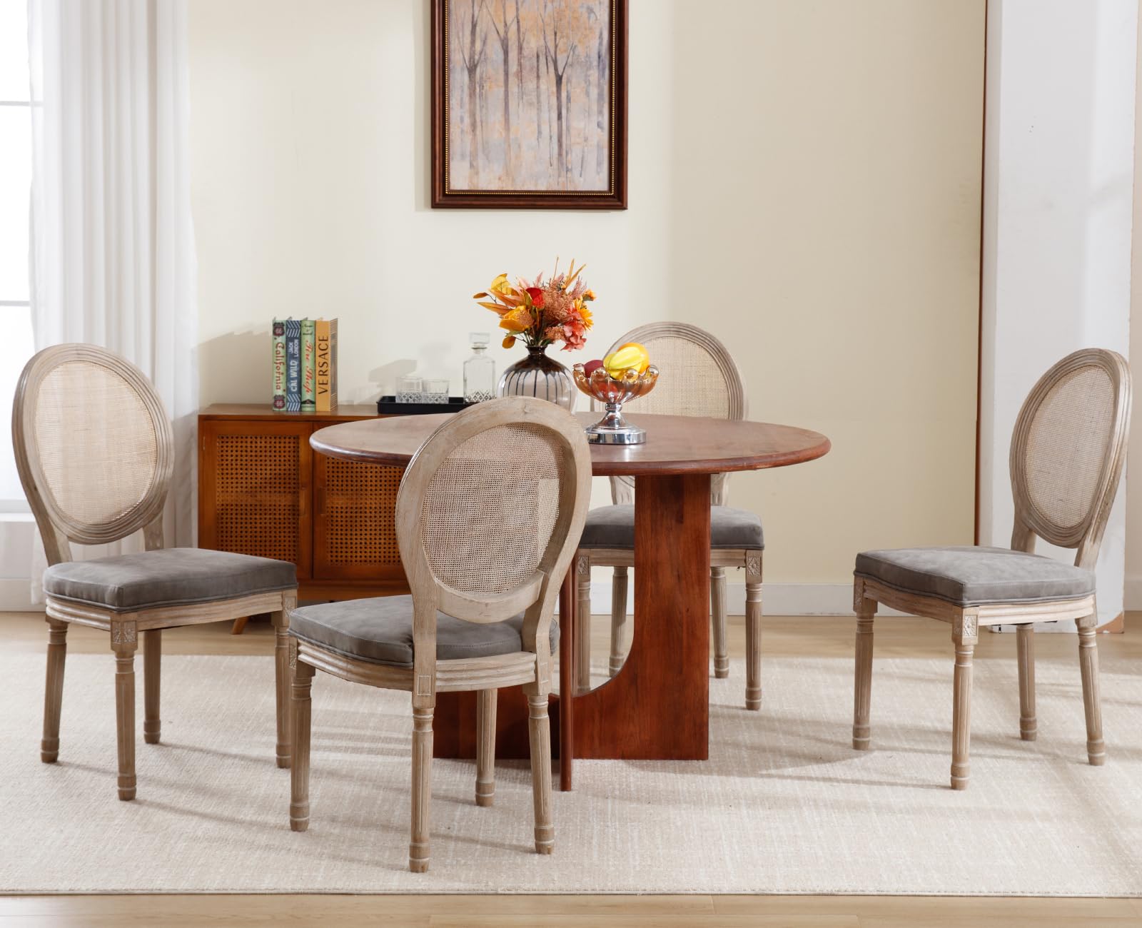 Farmhouse Rattan Dining Chairs Set of 2 - French Country Style Leather Upholstered Round Back Side Chairs for Kitchen, Restaurant, Dining Room & Living Room - Grey (2 Pieces) | Perfect for Rustic Home Decor, Indoor Dining & Cozy Gatherings