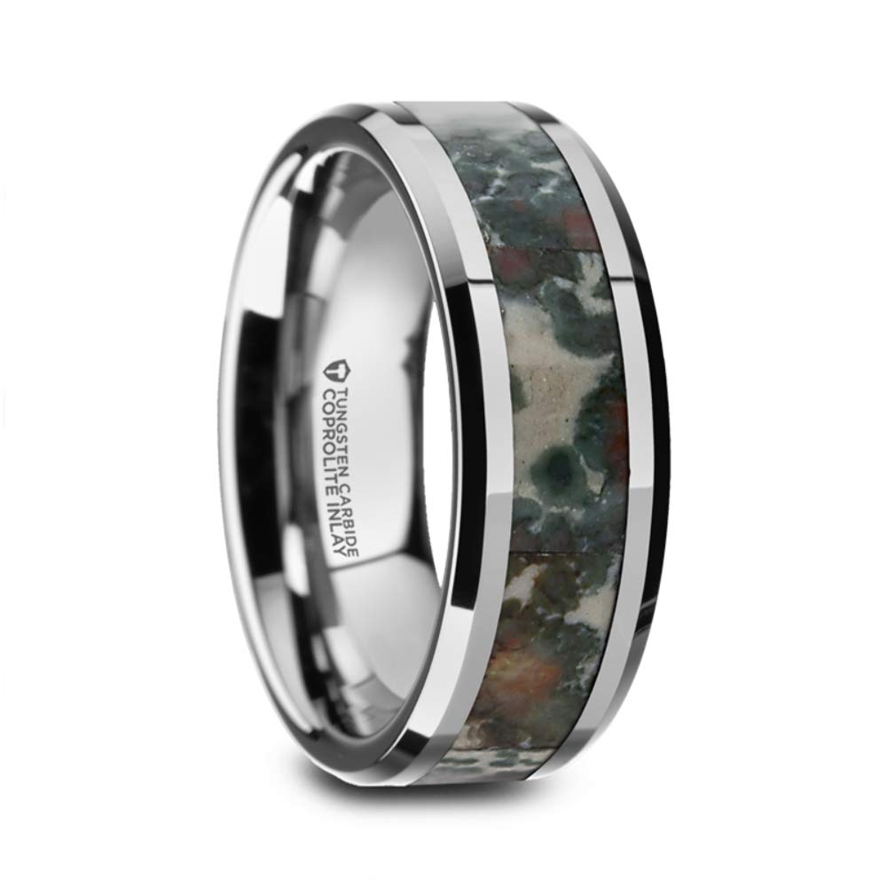 Men's Comfort Fit Tungsten Carbide Beveled Wedding Band Ring with Coprolite Fossil Inlay - 8mm Wide - Durable & Scratch Resistant - Perfect for Anniversaries, Engagements & Everyday Wear - Style CRETACEOUS