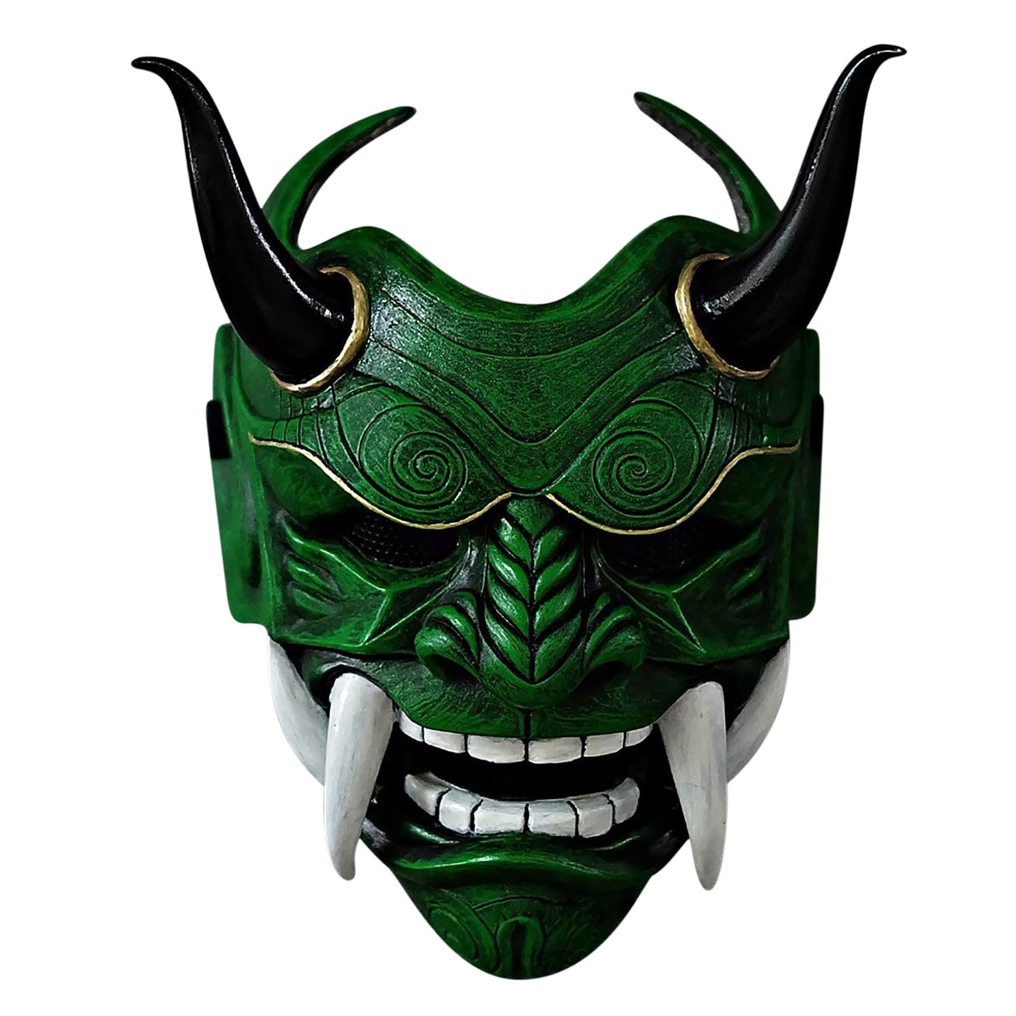 Japanese Samurai Hannya Oni Mask - Latex Half Face Demon Cosplay Costume for Halloween, Airsoft & LARP - Scary Green Mask for Men & Kids - Perfect for Cosplay, Halloween Parties & Theatrical Performances