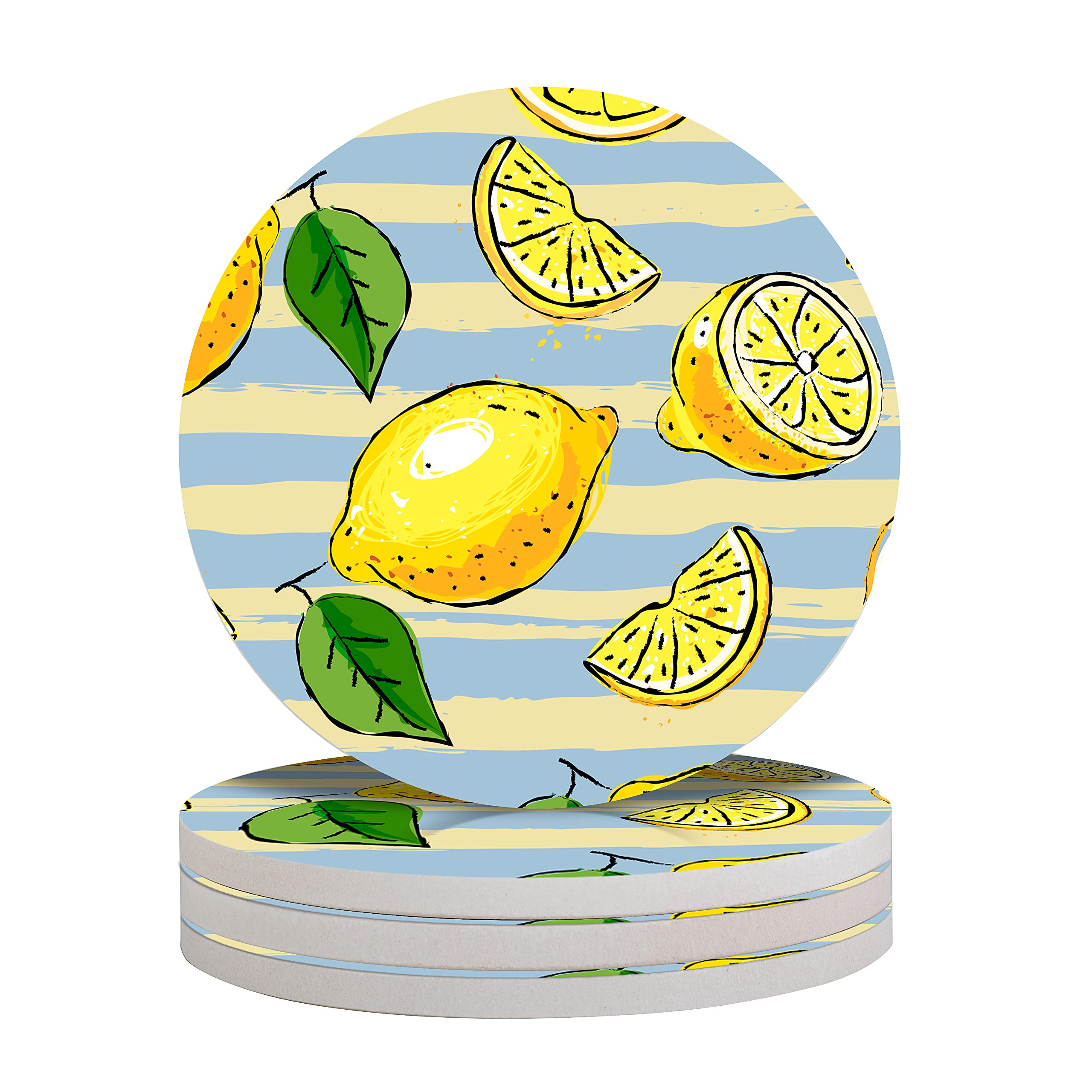 Round Absorbent Ceramic Stone Drink Coasters Set of 4 - Non-Slip Cork Base for Mugs, Cups & Table Protection - Lemon Design - Perfect for Coffee, Tea & Dining Table Decor