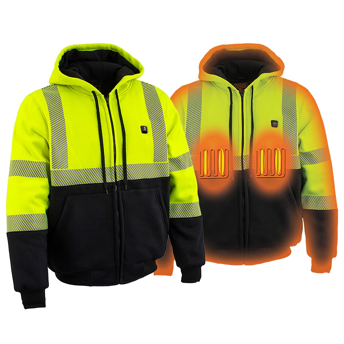 Nexgen Heat Men's High Visibility Green Heated Jacket with Front & Back Heating Elements - Includes Rechargeable Battery Pack for Outdoor Work & Winter Sports