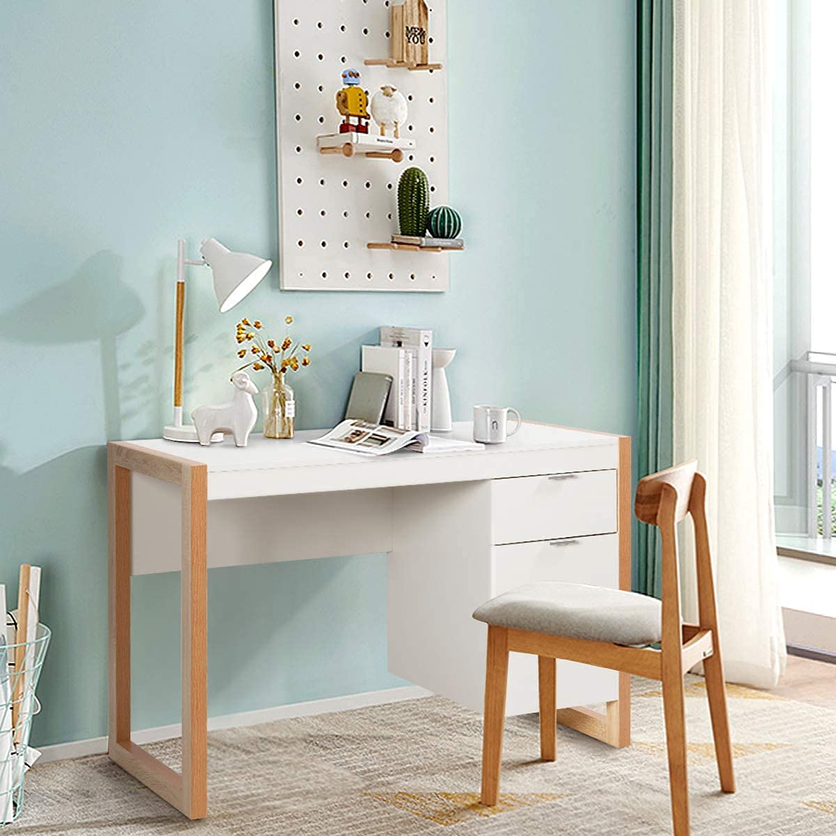 Topment 44 Inch Modern Writing Desk with Drawer - Sturdy Study Desk, Makeup Vanity Table with Storage Cabinet - Classic Simple Style Laptop Workstation for Home Office, Bedroom, Living Room or Study - Easy Assembly (Perfect for Remote Work, Online Classes & Home Beauty Routine)