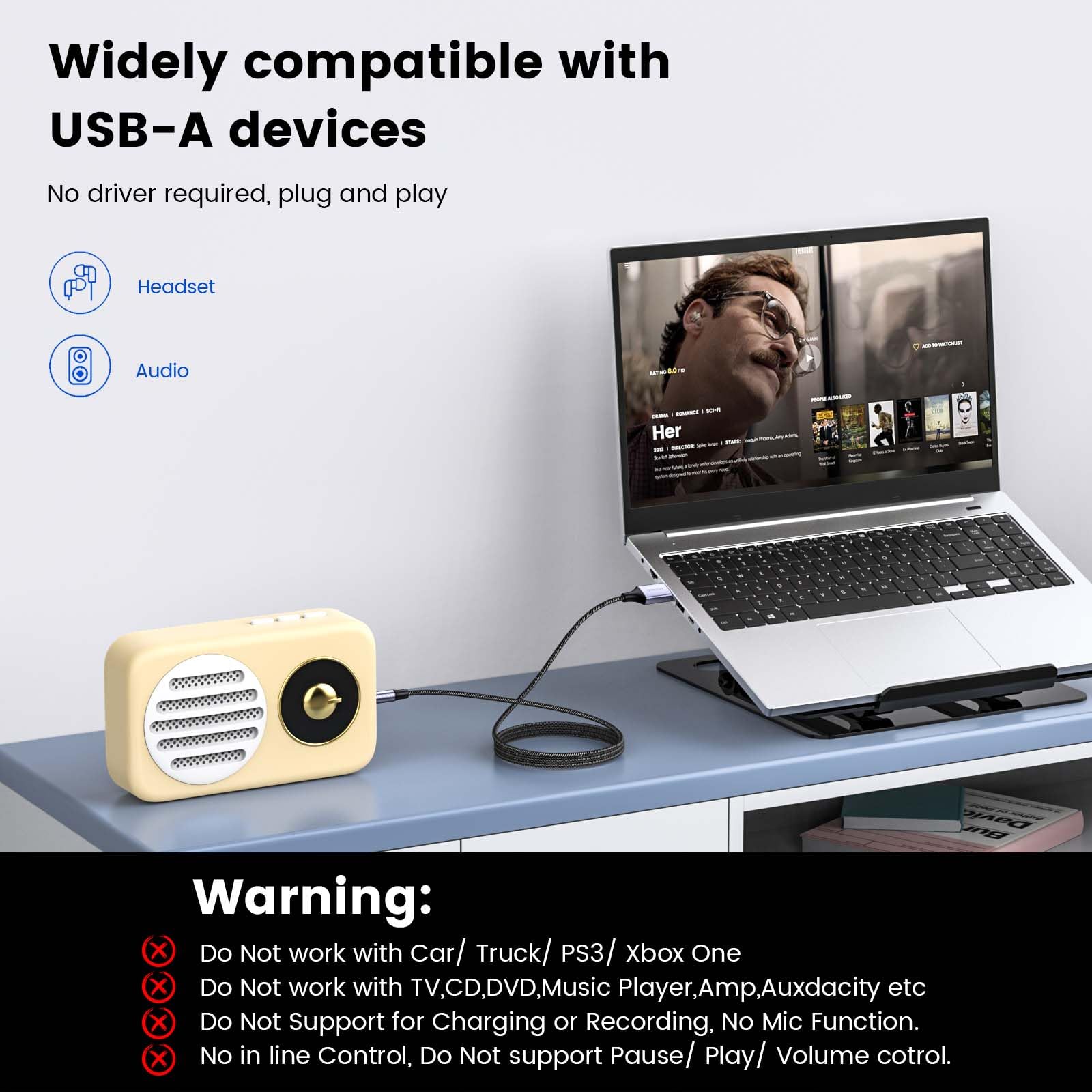 MOSWAG USB to 3.5mm Audio Jack Adapter Cable - 3.28FT Nylon Braided USB Male to AUX Stereo Converter for PC, Laptop, Speaker & Headphones - Compatible with Windows, Mac OSX - Perfect for Home Office, Gaming & Music Streaming