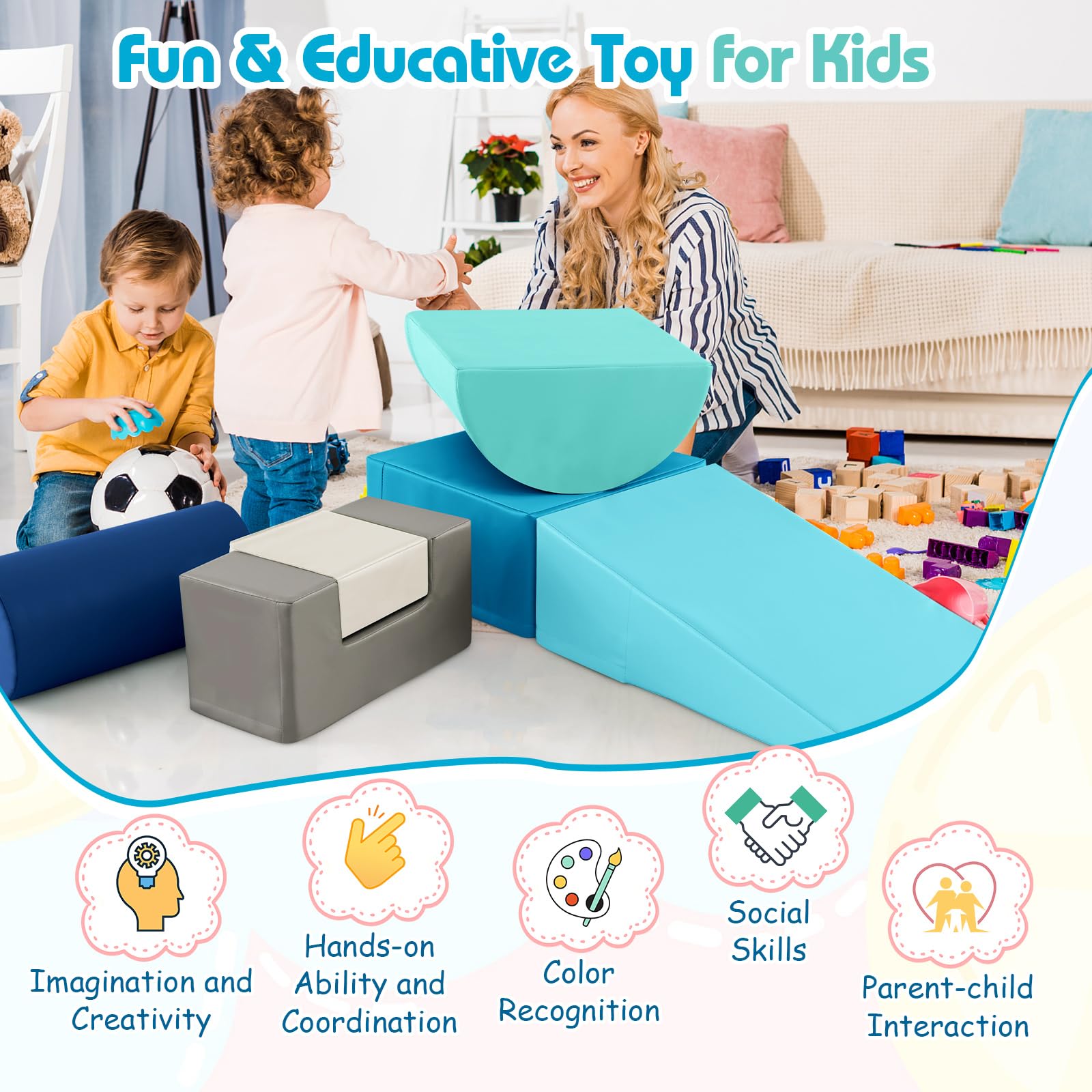 KOTEK 6-Piece Soft Foam Play Set for Toddlers - Climbing Blocks, Crawling Tunnels & Slide - Safe Indoor Playground Equipment for Babies & Kids (Blue & Grey) - Perfect for Playrooms, Daycares & Home Fun