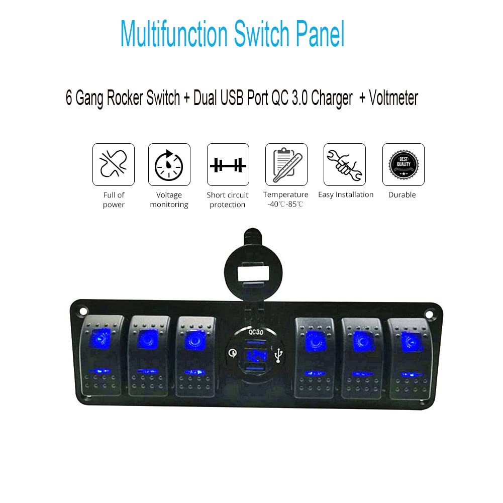 12V-24V DC Marine Switch Panel with Dual USB Quick Charger & Voltmeter - Waterproof Boat Rocker Switch Panel with Night Glow Stickers for RV, Boats, Cars & Trucks | Perfect for Marine Electrical Systems, Off-Road Vehicles & Emergency Power Control