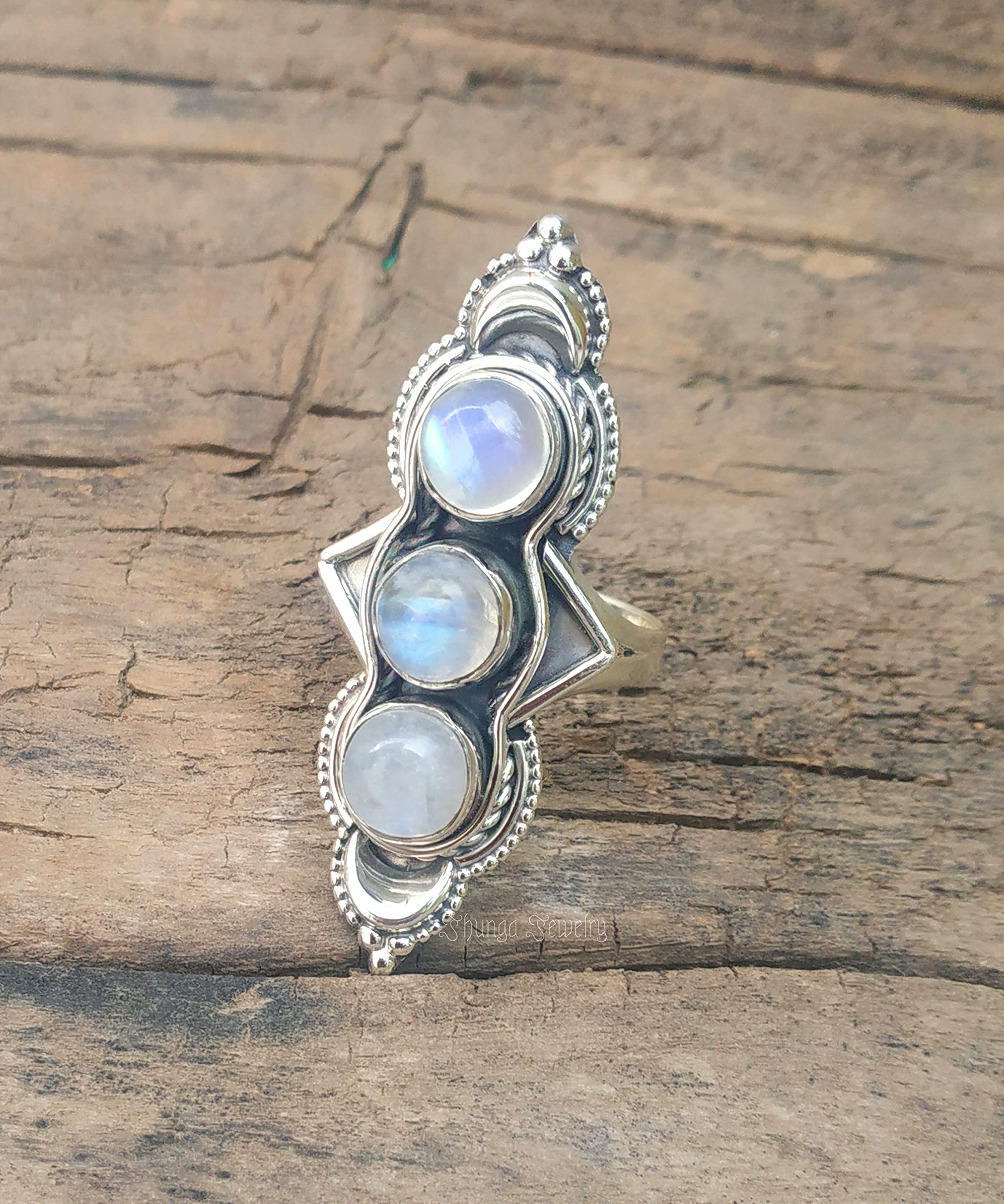 Genuine Rainbow Moonstone Ring - 925 Sterling Silver Statement Ring with Blue Flash, Three Stone Design for Women | Perfect for Weddings, Parties & Everyday Elegance
