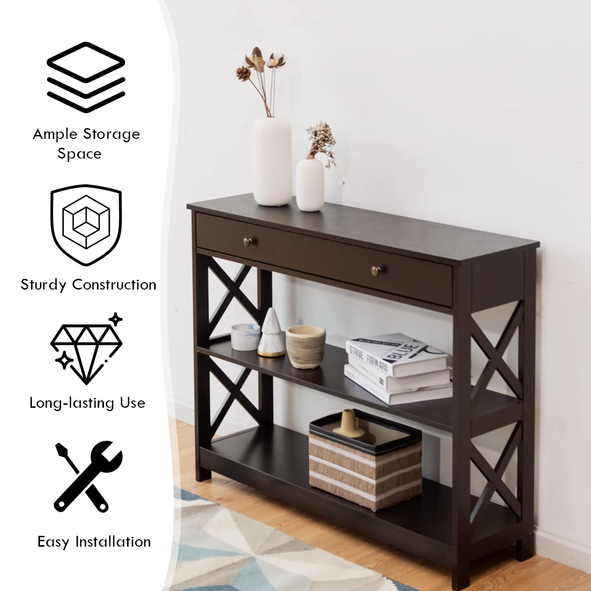 Giantex 3-Tier Console Table with Drawer & Storage Shelves - X-Design Entryway Table for Hallway, Living Room & Bedroom - Sofa Side Table in Espresso Finish | Perfect for Small Space Organization & Home Decor