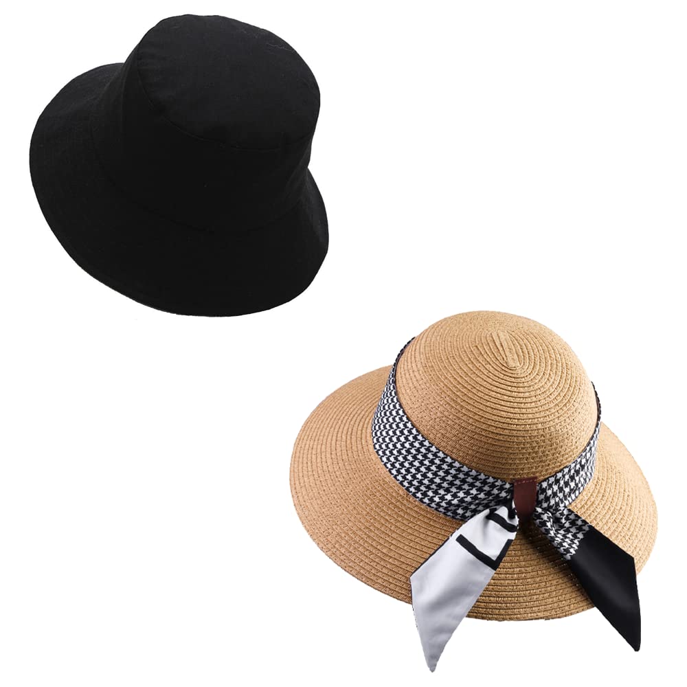 Stylish Black Bucket Hat & Khaki Straw Sun Hat for Women - Summer Outdoor Beach, Travel & Fashion Accessories