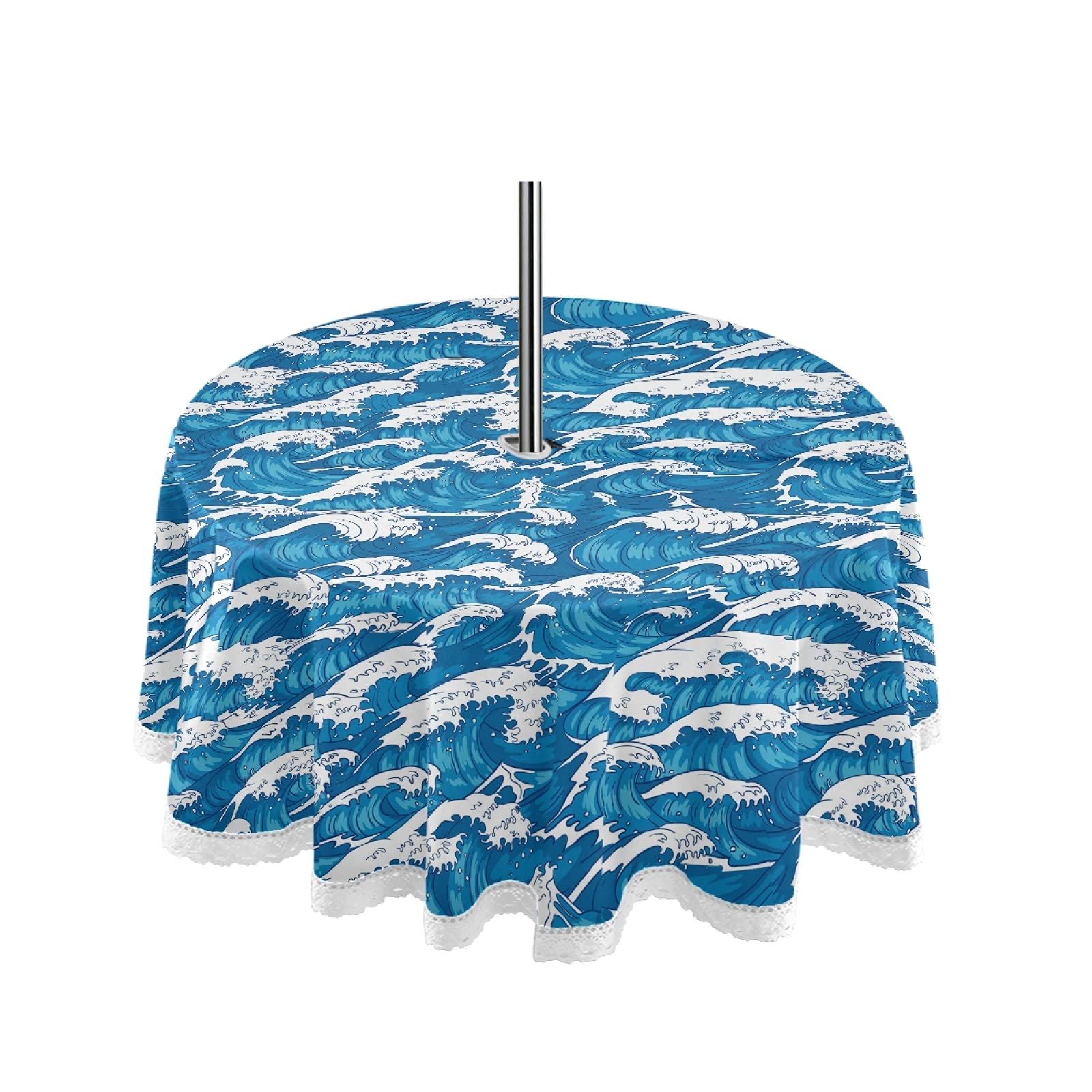 Storm Waves Outdoor Tablecloth with Umbrella Hole & Zipper - Waterproof Spring Summer Picnic Table Cover for BBQs, Patio Parties, Garden Dining & Home Decor - Machine Washable & Durable for Outdoor Use