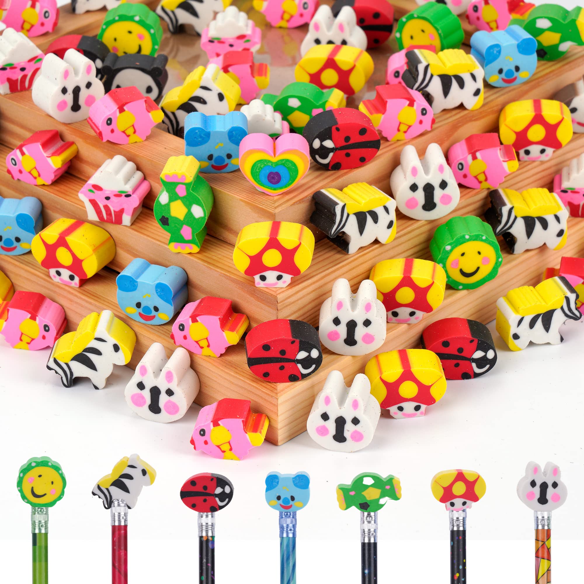 200-Piece Cute Animal Pencil Eraser Toppers Set - Rabbit, Zebra, Mushroom & Ladybug Designs for Kids School Supplies, Classroom Rewards & Party Favors (Perfect for Arts & Crafts, Back-to-School, Birthday Gifts)