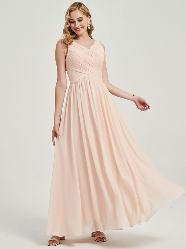 Elegant Dark Navy Blue Wide Straps Sleeveless V-Neck Pleated Flowy Bridesmaid Dress - Perfect for Weddings, Parties & Formal Events