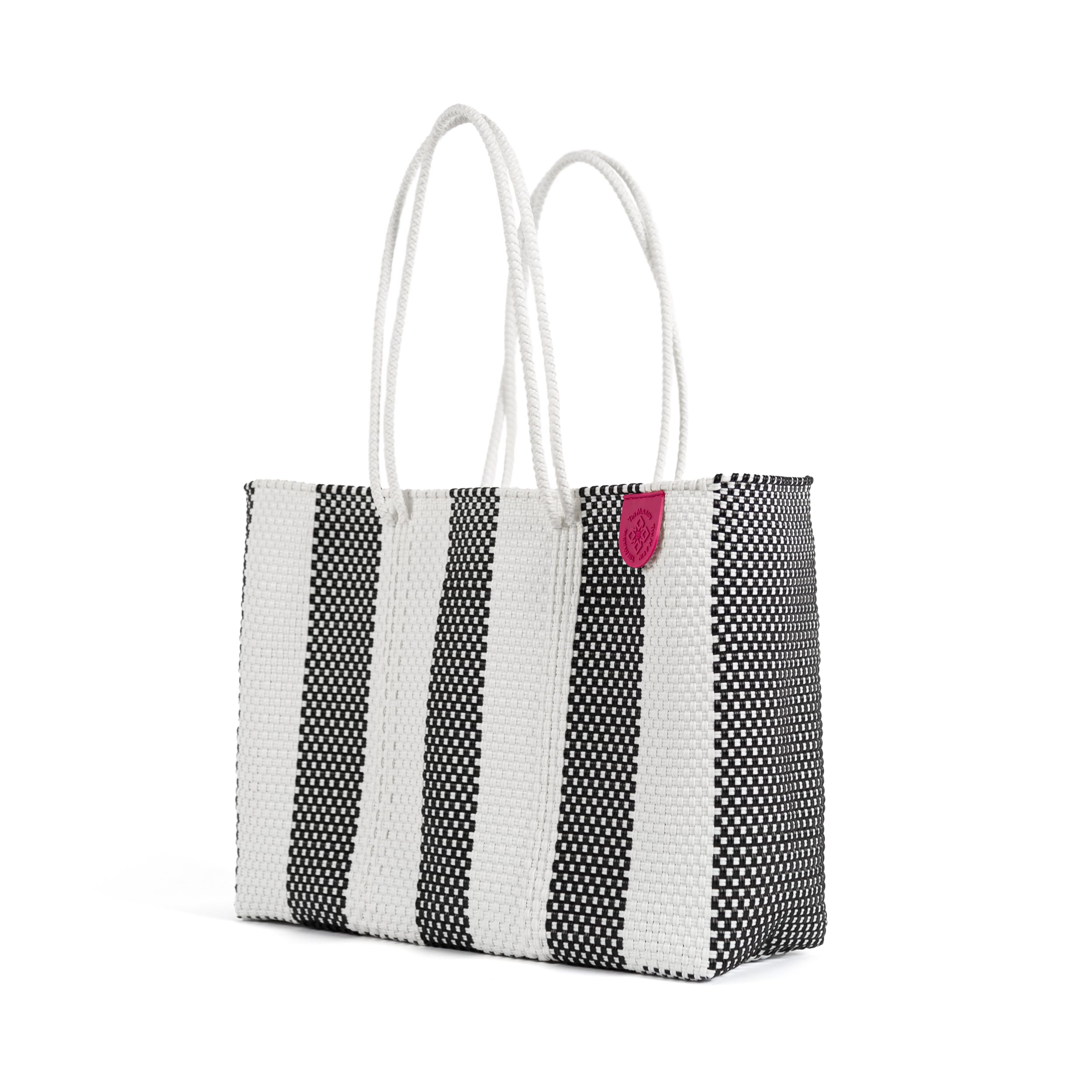Eco-Friendly Zebra Woven Super Tote Bag - Handwoven Recycled Plastic Mexican Beach Bag - Black & White Water-Resistant Summer Tote for Beach, Shopping & Travel