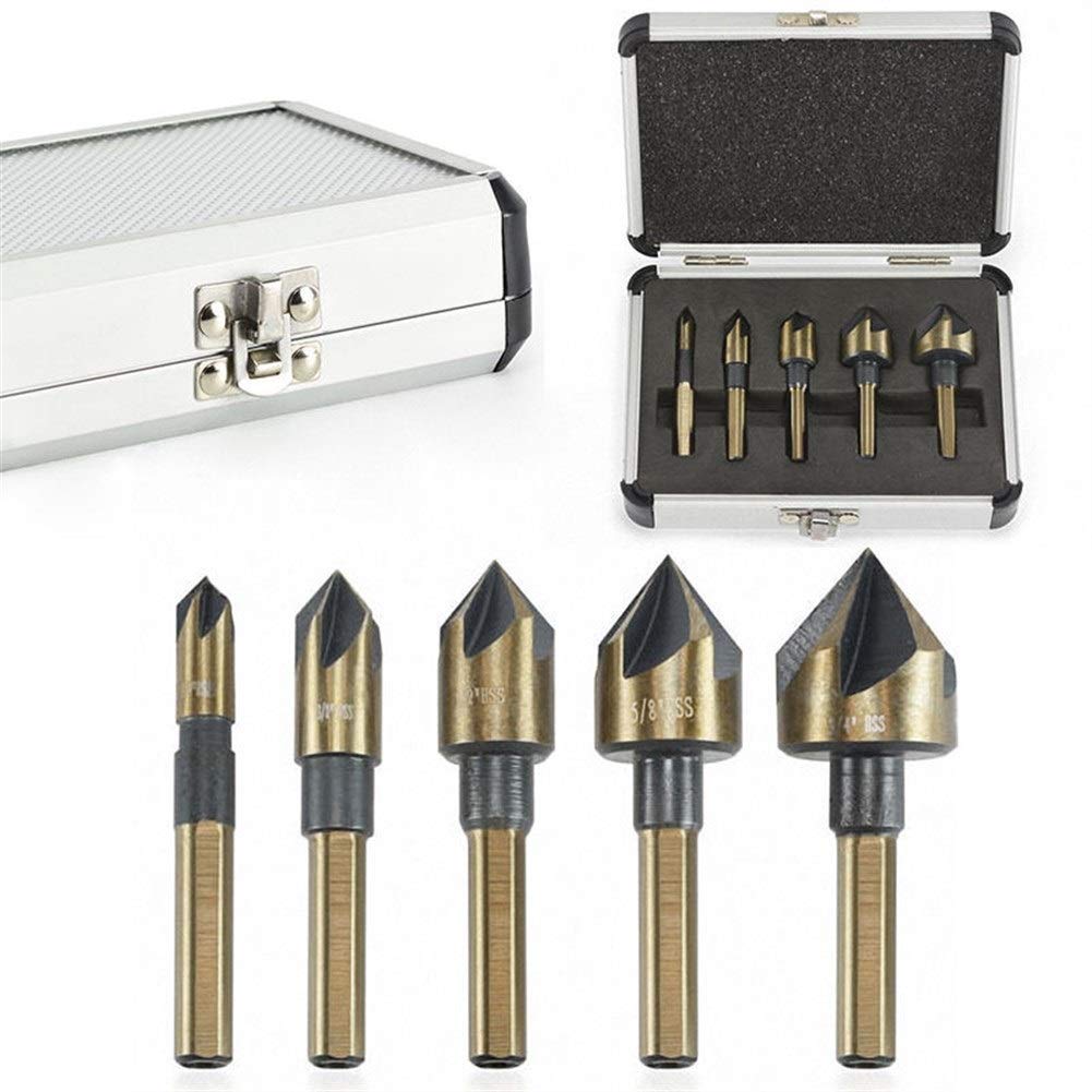 Durable 5-Piece Industrial Countersink Drill Bit Set - Tri-Flat Shank, Quick Change 1/4