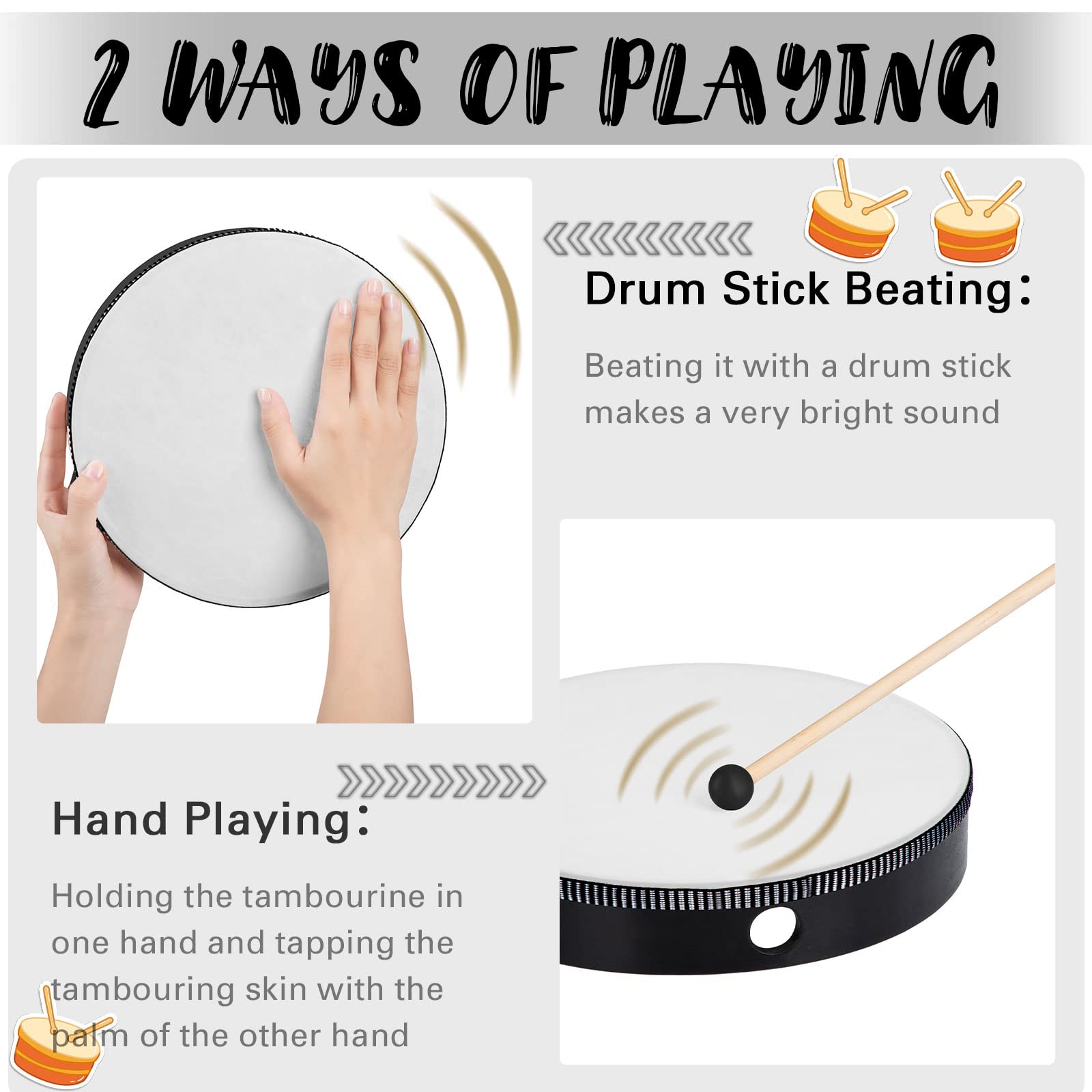 16 Pcs Kids Hand Drums Set - Wooden Frame Drum with Drumsticks (12