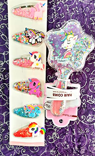 MSGH Imported Glittery Star Brush Detangler - 3D Unicorn Kids Hair Brush Set with Hair Clips | Gentle Detangling for Kids, Perfect for School, Parties & Daily Hair Care