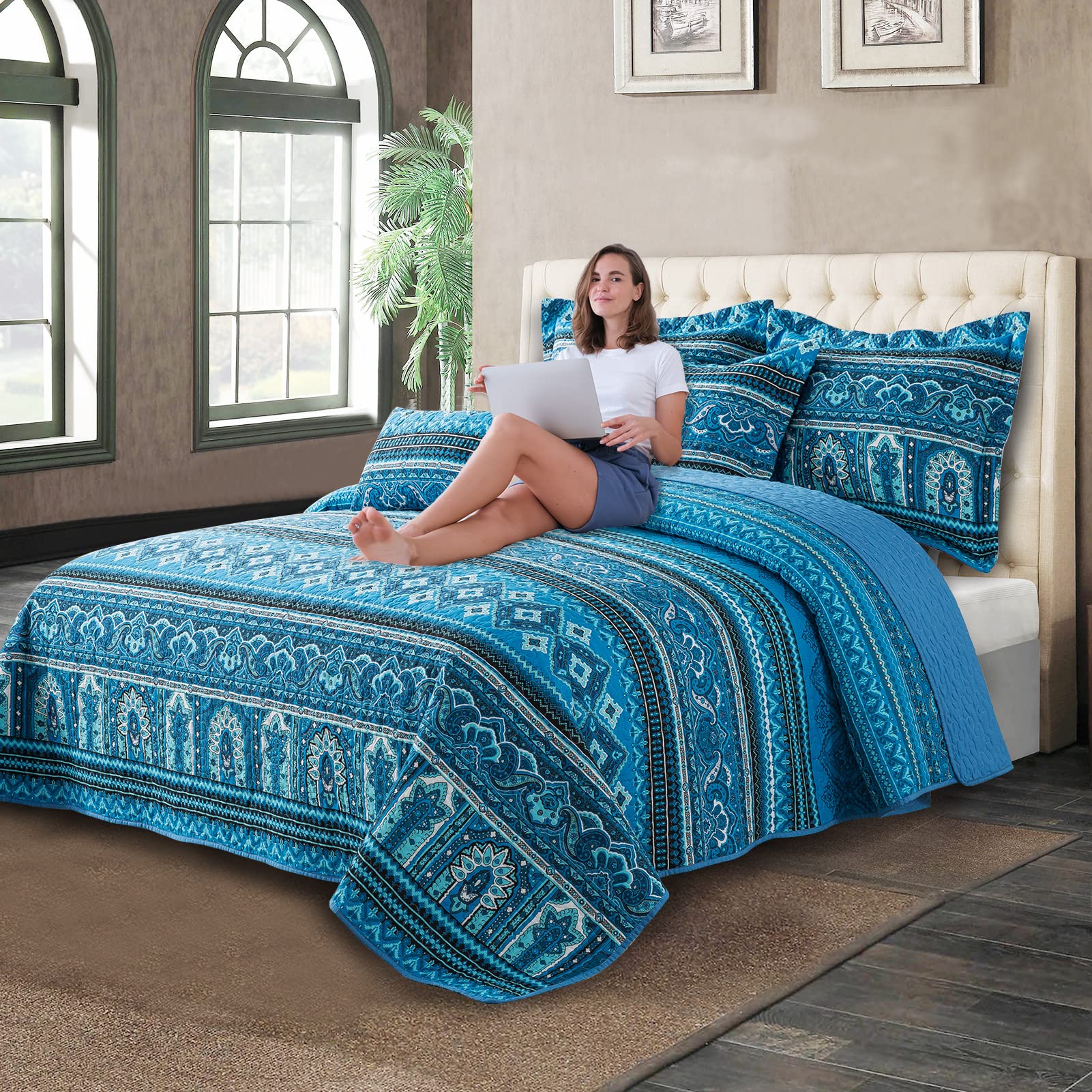BEDIFANY King Size Cotton Quilt Set - Lightweight Reversible Boho Bedspread & Quilted Coverlet for All Seasons (3-Piece) - Perfect for Master Bedroom, Guest Room, and Home Decor