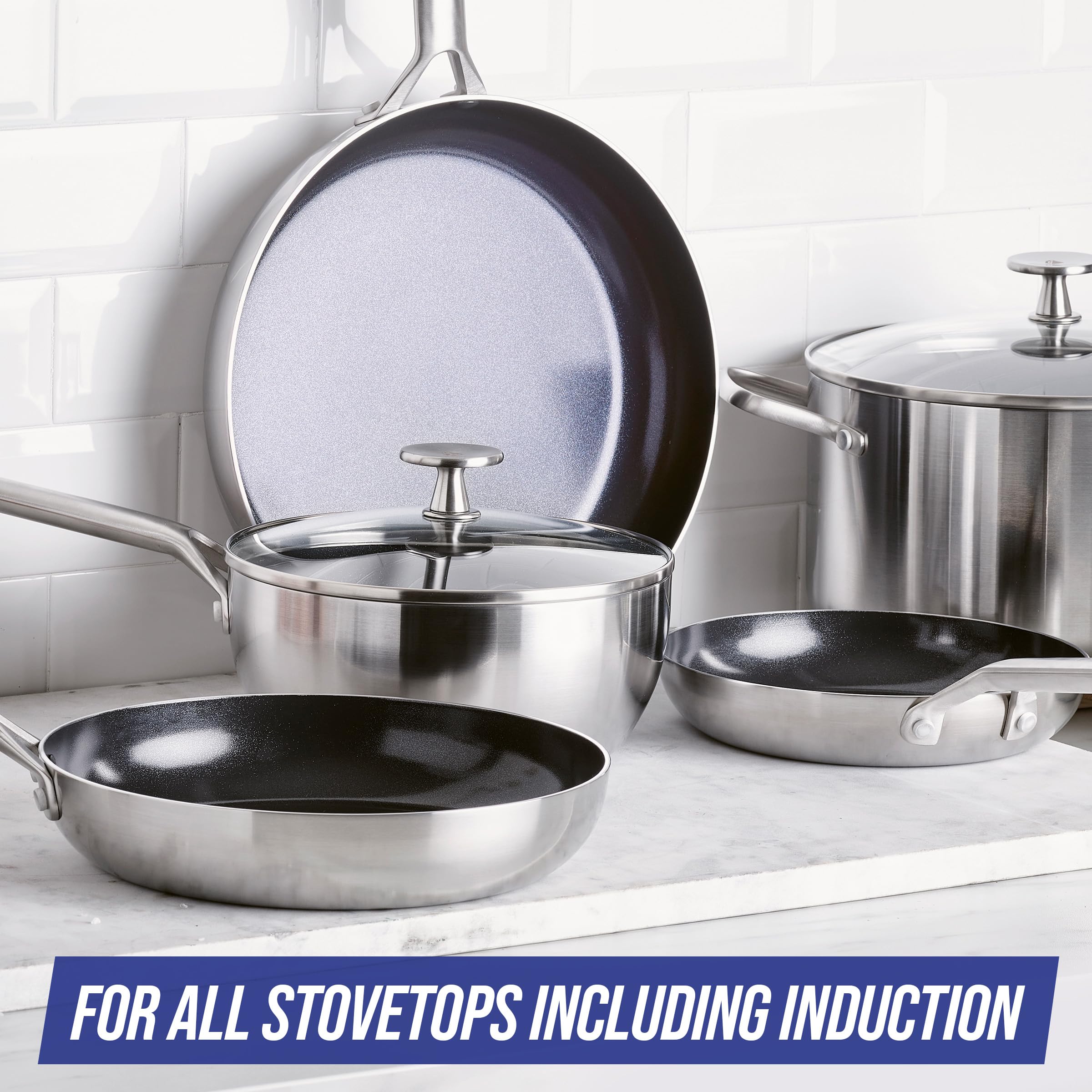 Blue Diamond 11-Piece Stainless Steel Cookware Set - Tri-Ply Construction, Induction Compatible, PFOA/PFAS Free Nonstick Coating - Dishwasher & Metal Utensil Safe for Everyday Cooking, Frying & Baking - Perfect for Home Chefs & Professional Kitchens