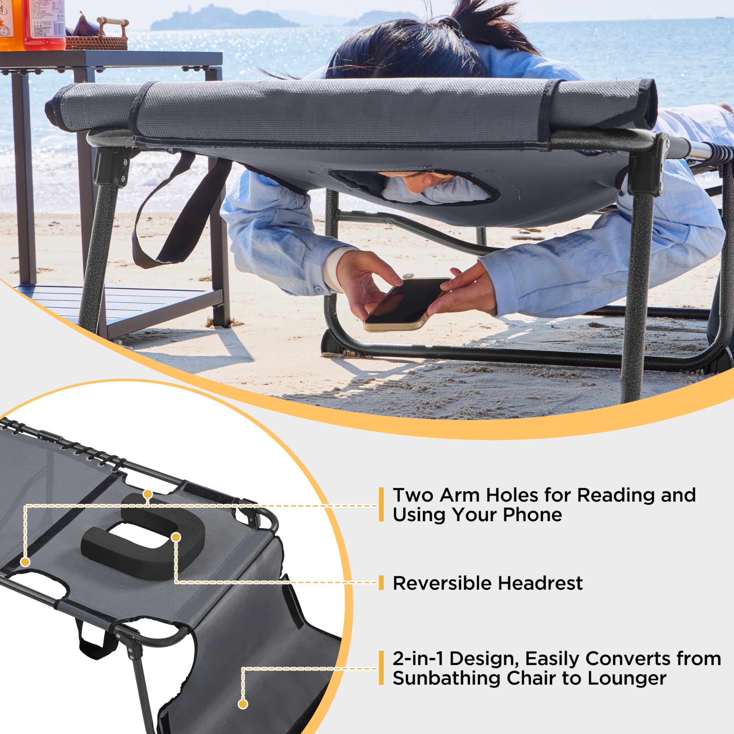 Yaheetech Outdoor Folding Tanning Chair - Portable Sun Lounger with Removable Padded Cushion & Face Hole, 5-Position Adjustable Chaise Lounge for Patio, Beach, Poolside, Backyard, Camping - Perfect for Sunbathing, Relaxation & Outdoor Leisure (Gray)