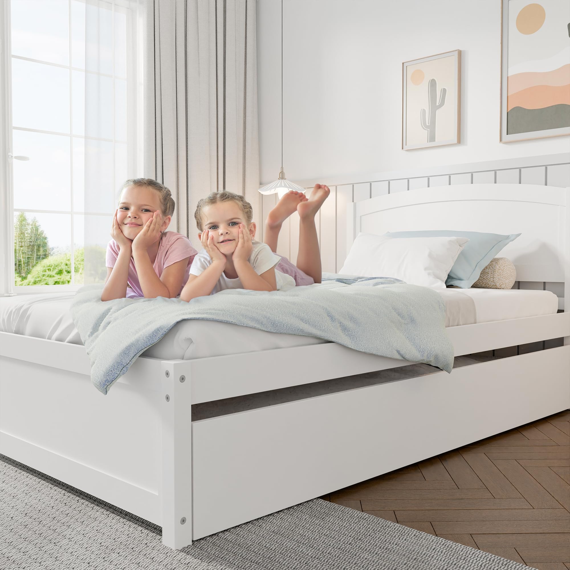 Solid Wood Twin Size Daybed with Trundle - Pull Out Extendable Guest Bed with Slat Support (White) - Perfect for Small Spaces, Guest Rooms & Dorm Rooms