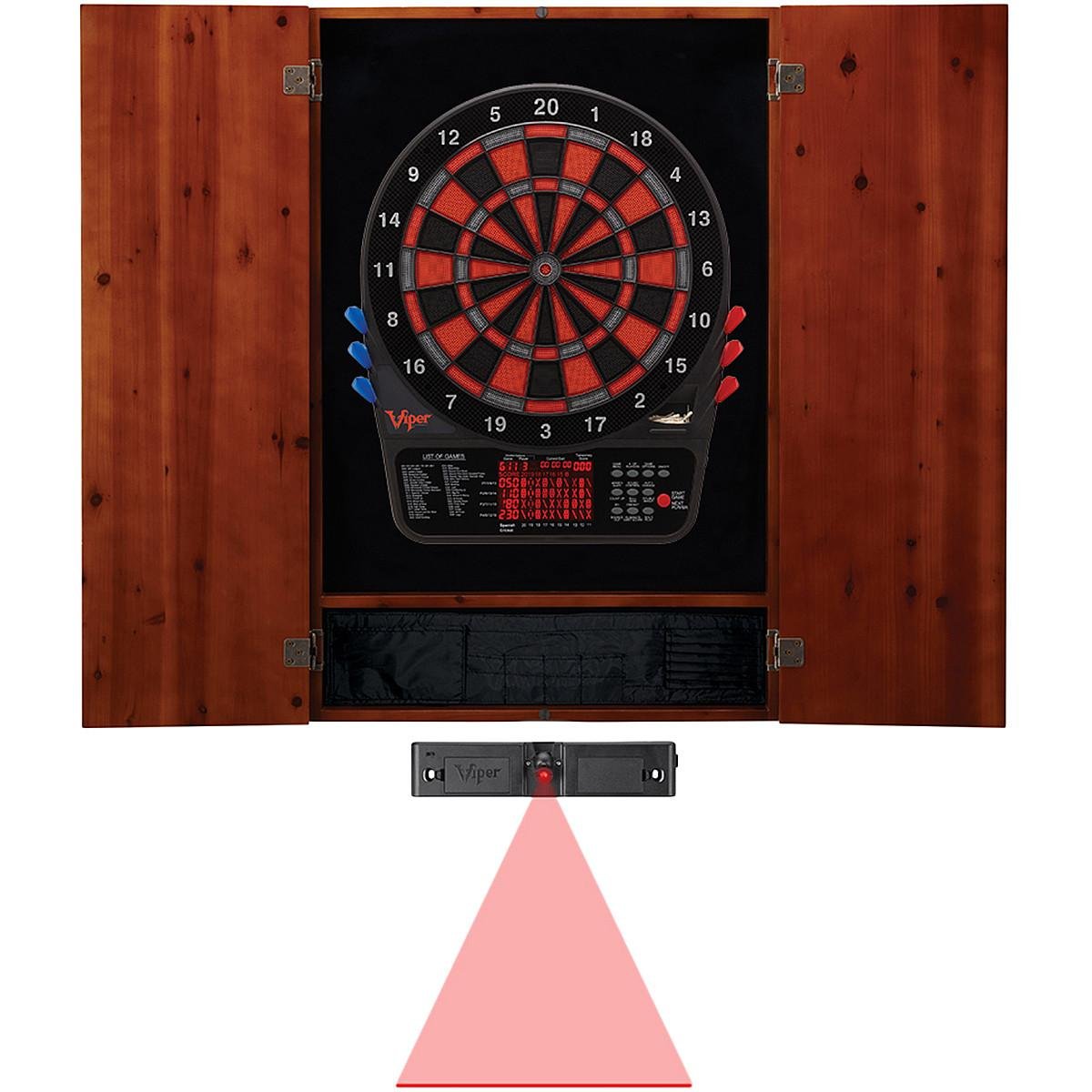 Premium Solid Wood Dartboard Cabinet with Electronic Dartboard - Ready-to-Play Bundle Includes 2 Sets of Soft-Tip Darts & Built-in Storage | Multiple Stain Options | Perfect for Game Rooms, Bars & Man Caves