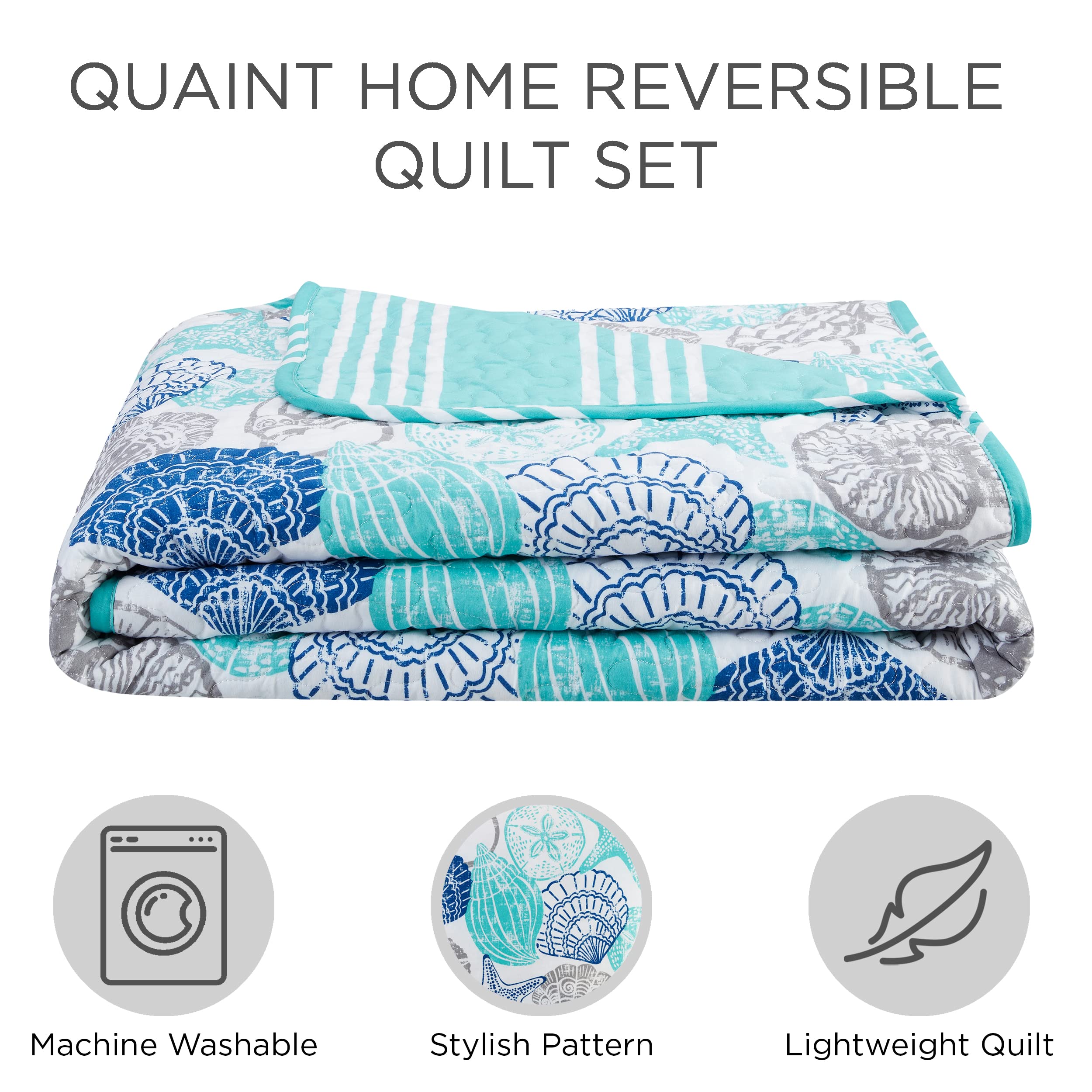 King Size Beach Quilt Set - Seashell & Starfish Coastal Bedding for Vacation Homes