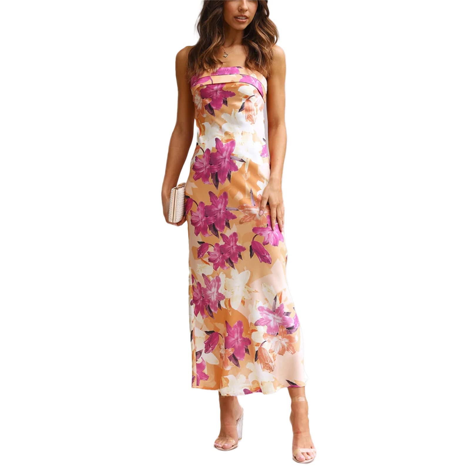 Elegant Floral Print Women's Evening Dress - Sleeveless Strapless Tube Long Party Gown with Cutout Backless Design for Night Out, Prom, Wedding, and Special Occasions