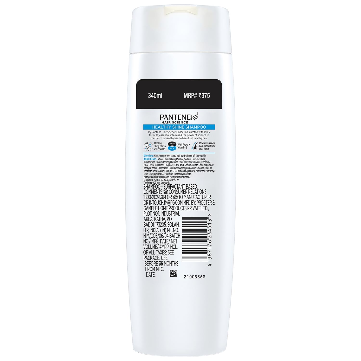 Pantene Hair Science Healthy Shine Shampoo 340ml with Pro-Vitamins & Vitamin E - Nourishing Shampoo for All Hair Types - Men & Women - Promotes Healthy, Shiny Hair - Perfect for Daily Hair Care & Salon-Like Results at Home