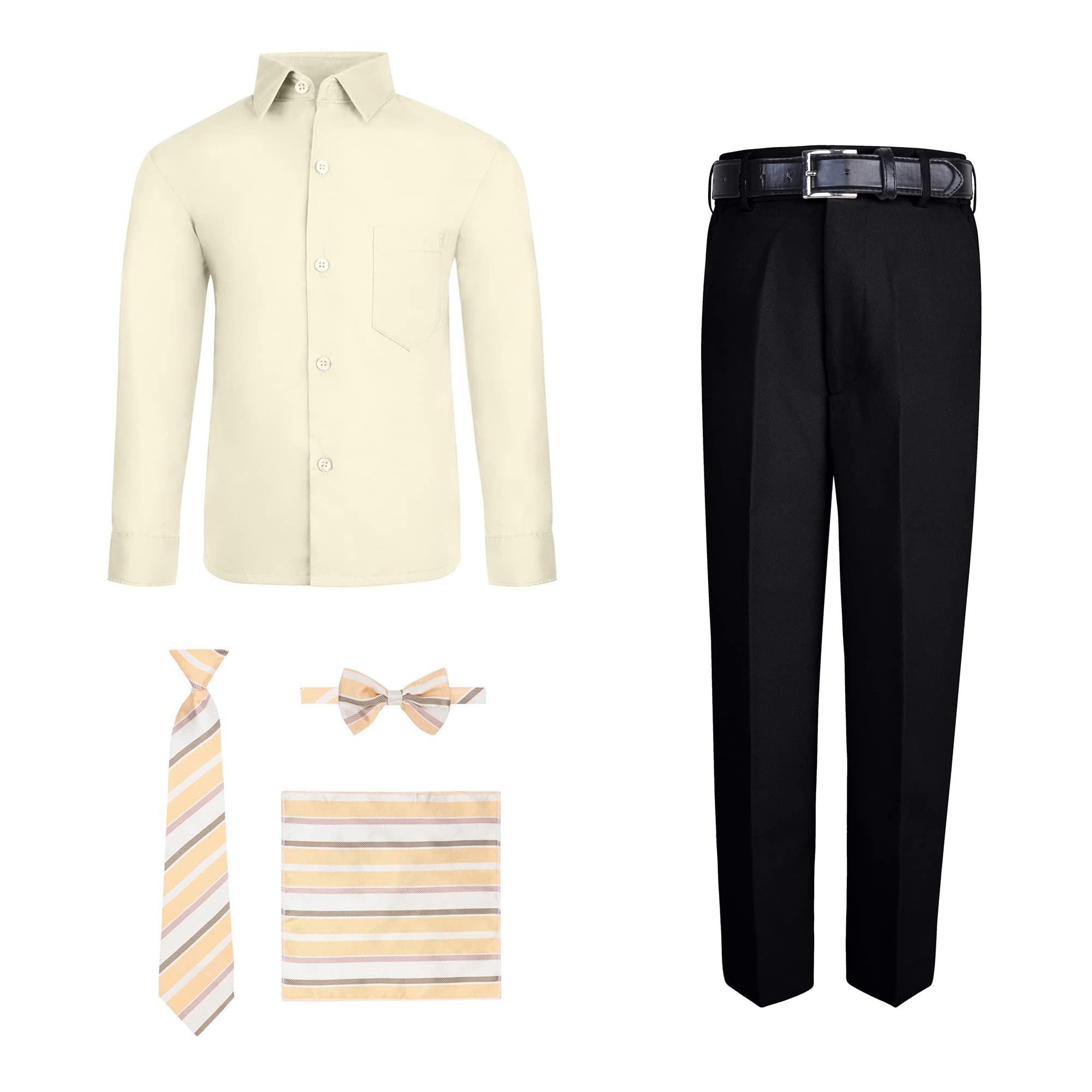 S.H. Churchill & Co. Boys' 6-Piece Formal Dress Set - Banana Yellow Dress Shirt & Black Comfort Waist Dress Pants with Tie, Bow Tie, Hanky & Belt - Size 8 - Perfect for Weddings, Church, School Photos & Special Occasions