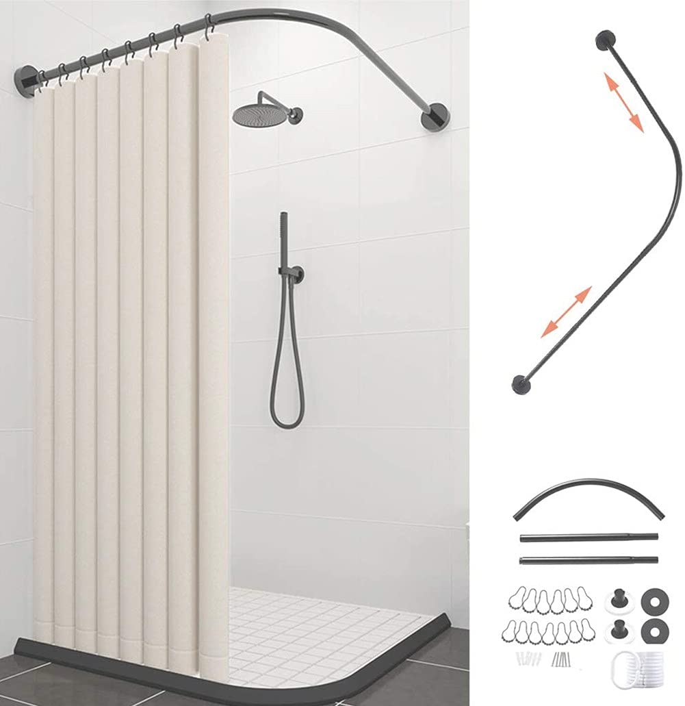 Stretchable Rust-Proof Curved Shower Curtain Rod with Rings - Adjustable 90-130cm for Bathroom & Kitchen - Perfect for Small Spaces & Corner Showers