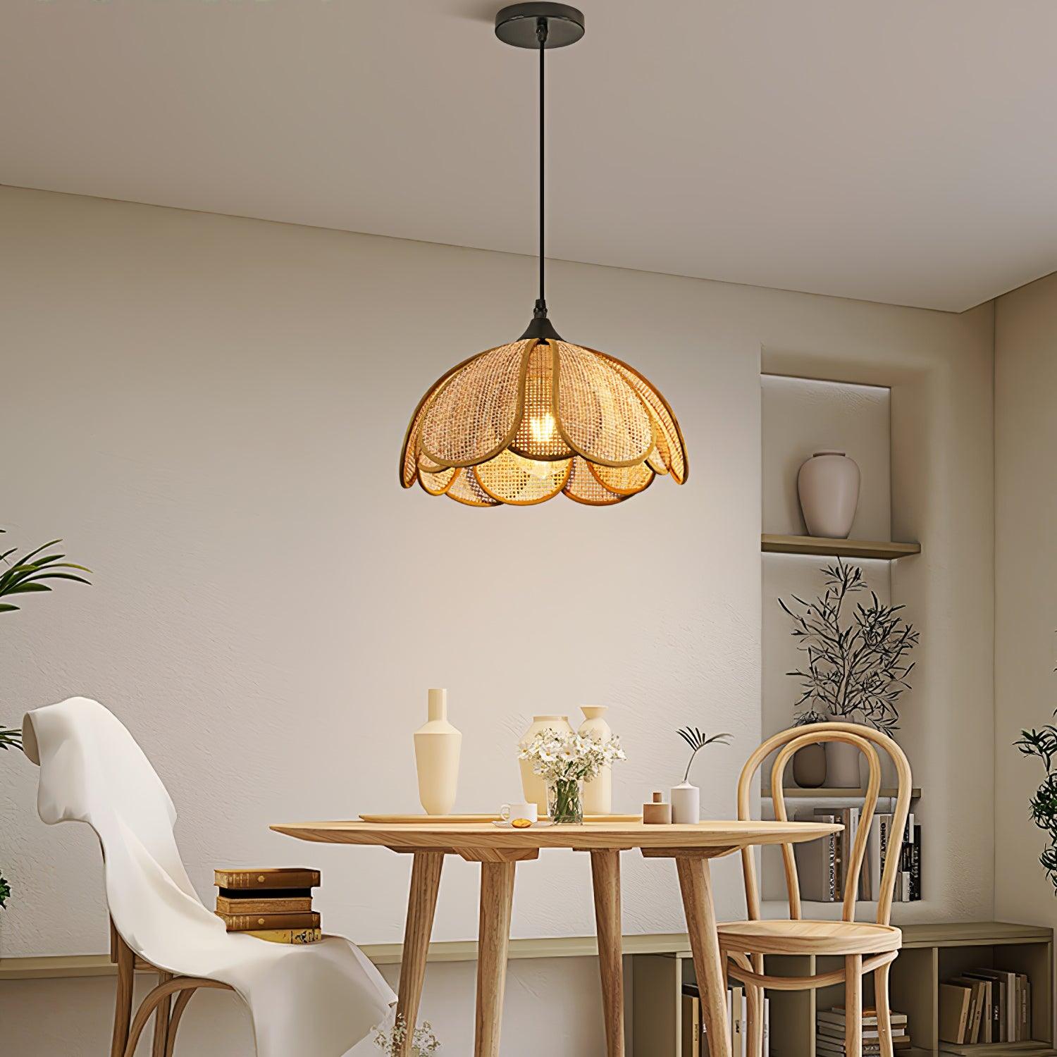Handwoven Bloom Rattan Pendant Light - Natural Boho Ceiling Lamp for Living Room, Bedroom & Dining Room - Eco-Friendly Wicker Hanging Light Fixture for Indoor Decor