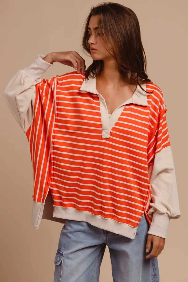 BiBi Stripe Knit Loose Fit T-Shirt with Cut Edge Detail - Casual Women's Top for Everyday Wear, Outings & Layering