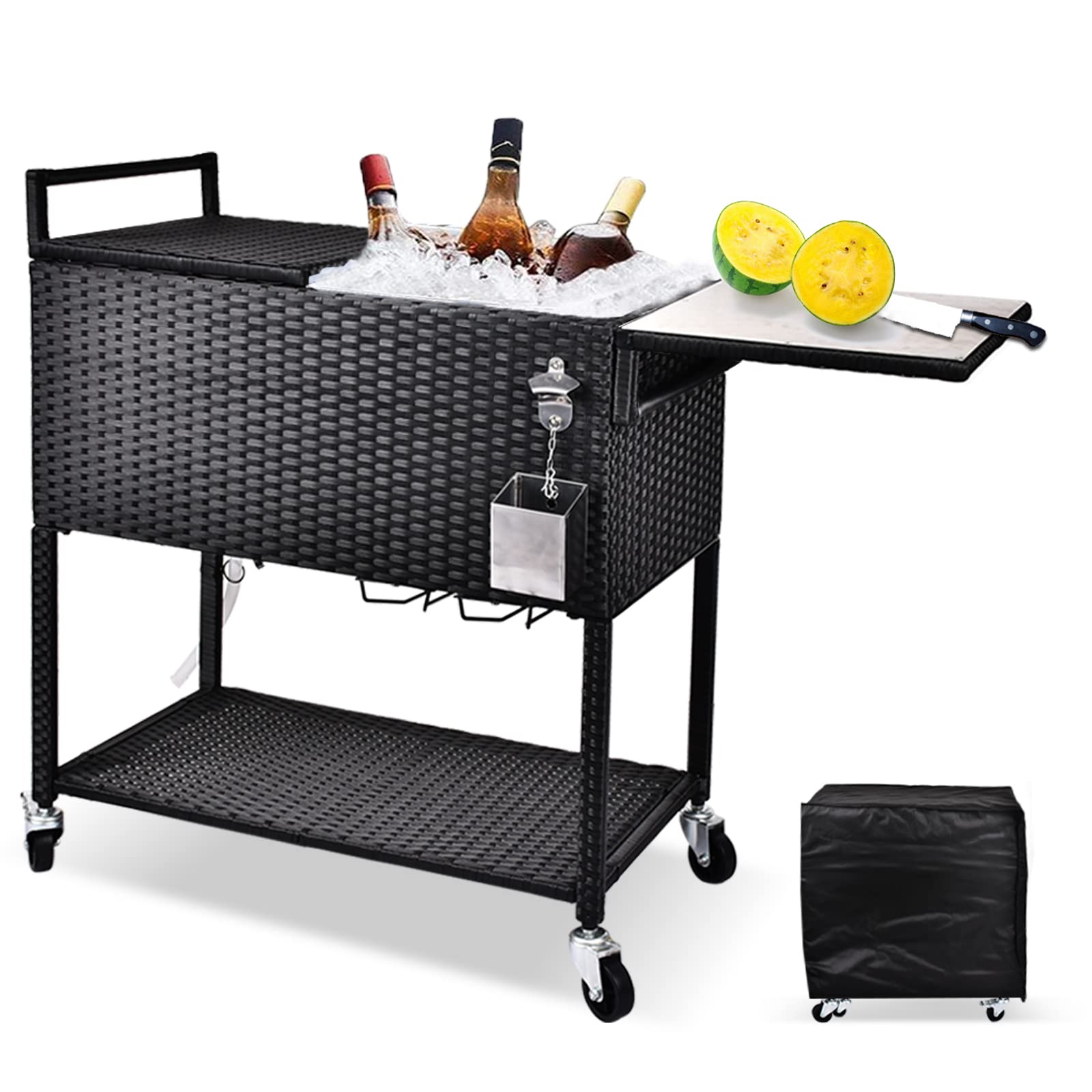 Magic Union 80 Quart Outdoor Rolling Wicker Cooler Cart - Portable Ice Chest Beverage Bar with Bottle Opener & Waterproof Cover - Perfect for Patio, Pool Parties, Beach Outings & Tailgating