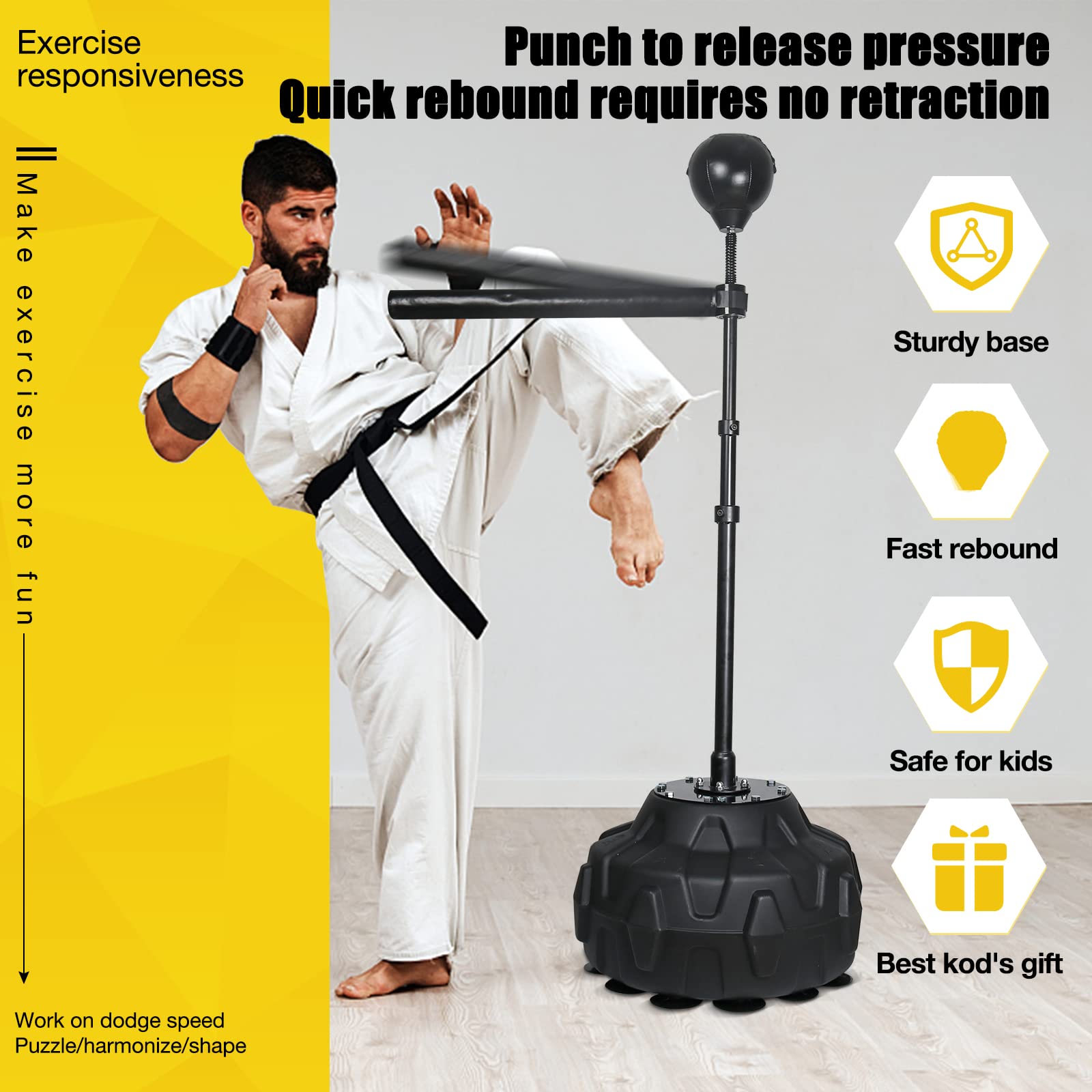 Solid Reflex Bag Boxing Speed Trainer - Adjustable Height 45-80in Free Standing Punching Bag with Spinning Bar for Adults & Kids | Home Gym, Boxing Training, Martial Arts Practice