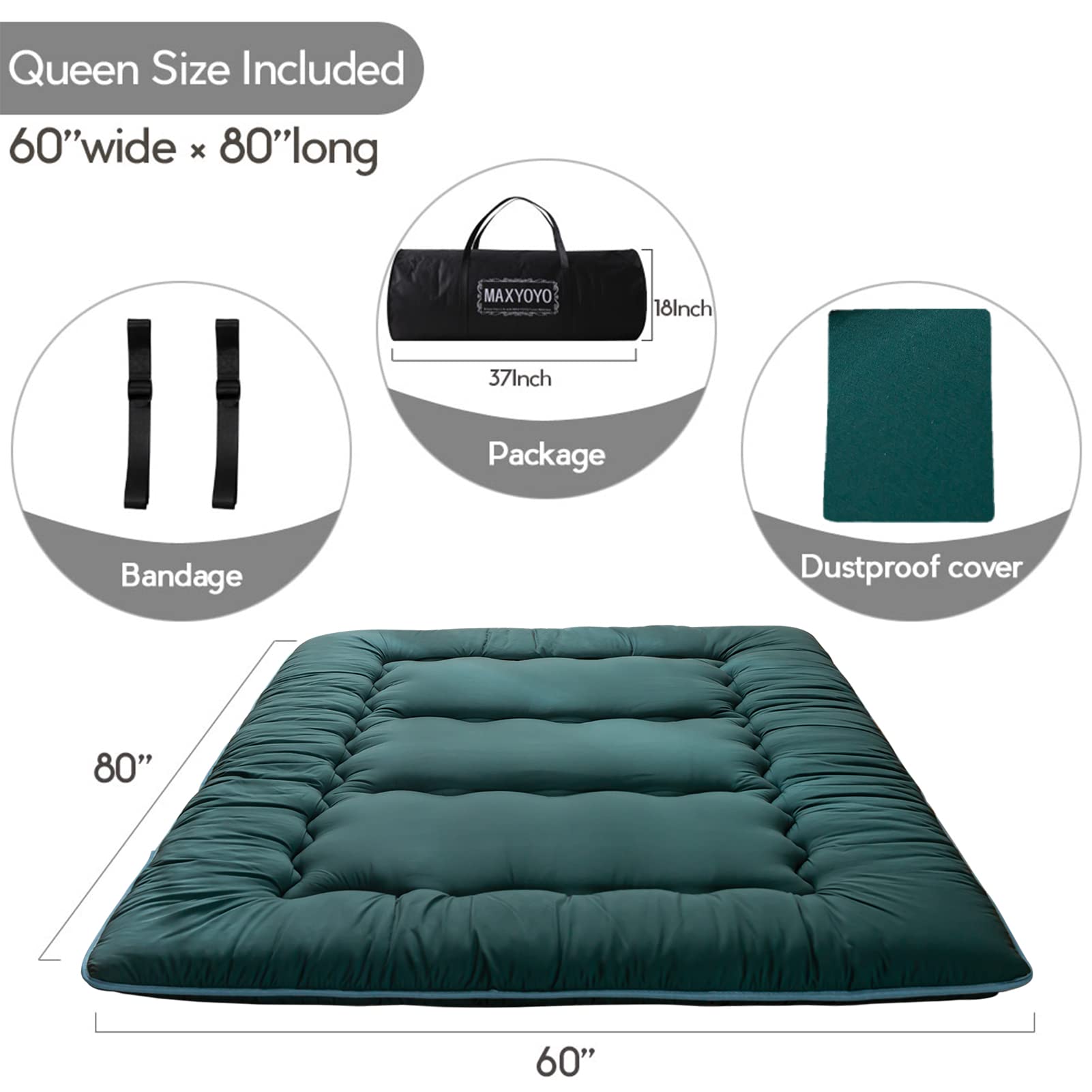 MAXYOYO Japanese Floor Futon Mattress - Portable Foldable Tatami Mattress for Guest Bed, Camping & Small Space Living | Comfortable Floor Sleeping Solution