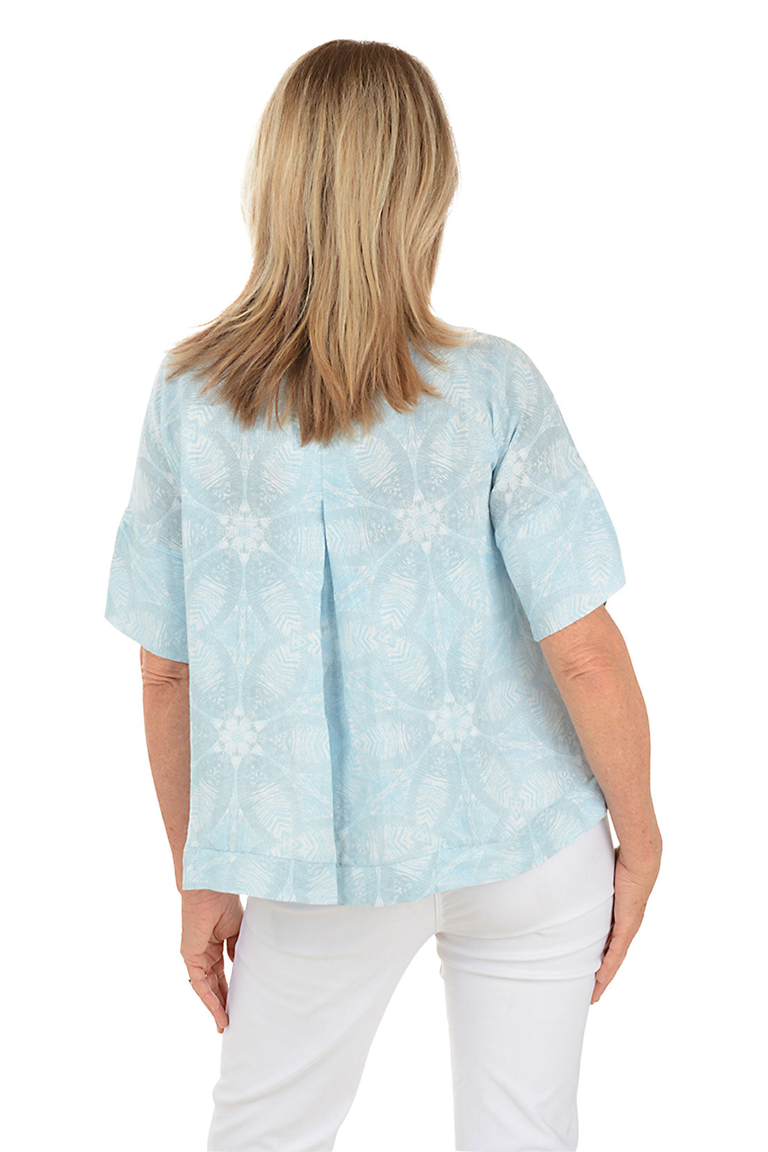 Sky Blue Jungle Floral Linen Blouse for Women - Breathable Summer Top with V-Neck & Short Sleeves - Perfect for Beach Vacations, Garden Parties & Boho Outfits