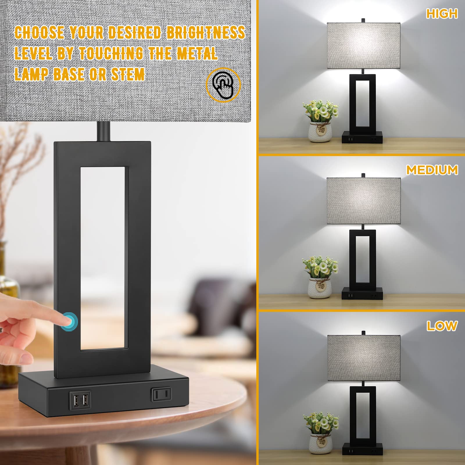 Set of 2 Modern Touch Control Table Lamps with USB Charging Ports - 22