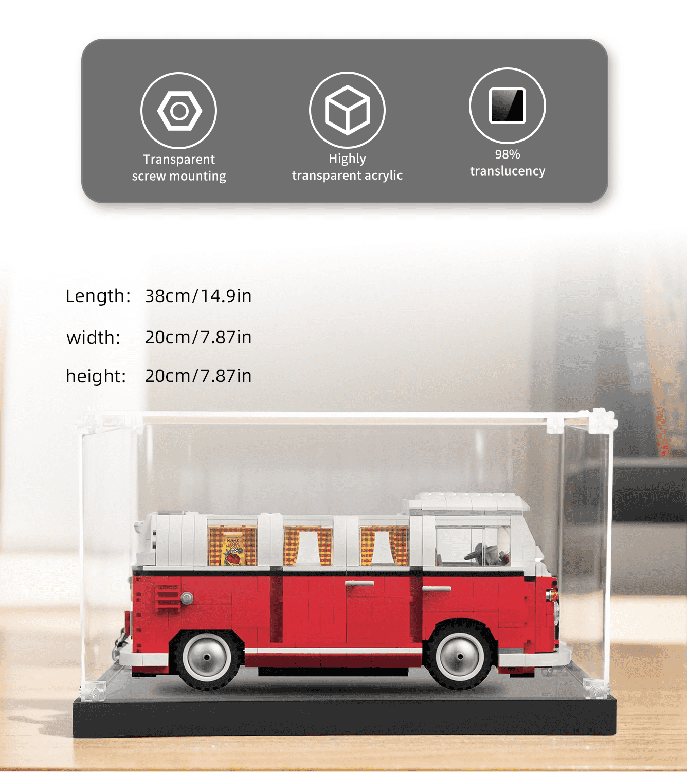 LEGO Volkswagen T1 Camper Van 10220 Display Case - Clear Acrylic Showcase for Collectible LEGO Sets - Perfect for Home Decor, Office Display & Collector's Showcase