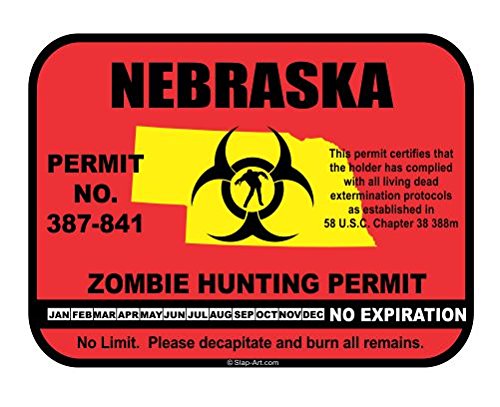 Funny Nebraska Zombie Hunting Permit Vinyl Decals - Durable Bumper Stickers for Cars, Trucks & Laptops - Perfect for Prank Gifts, Halloween Decor & Outdoor Enthusiasts