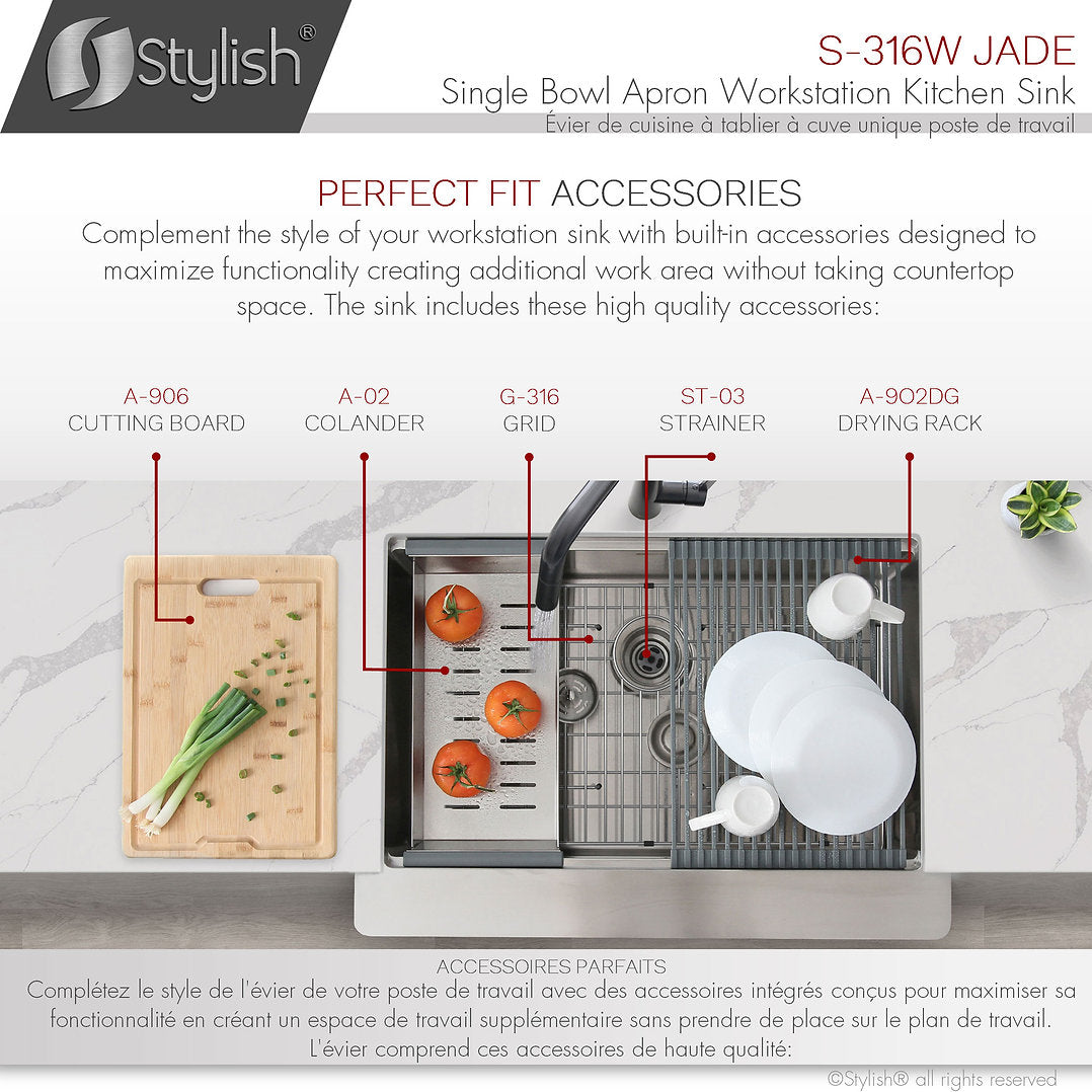 Stylish 30-Inch JADE S 316L Farmhouse Single Bowl Stainless Steel Apron Kitchen Sink with Accessories - Perfect for Modern Farmhouse & Rustic Style Kitchens