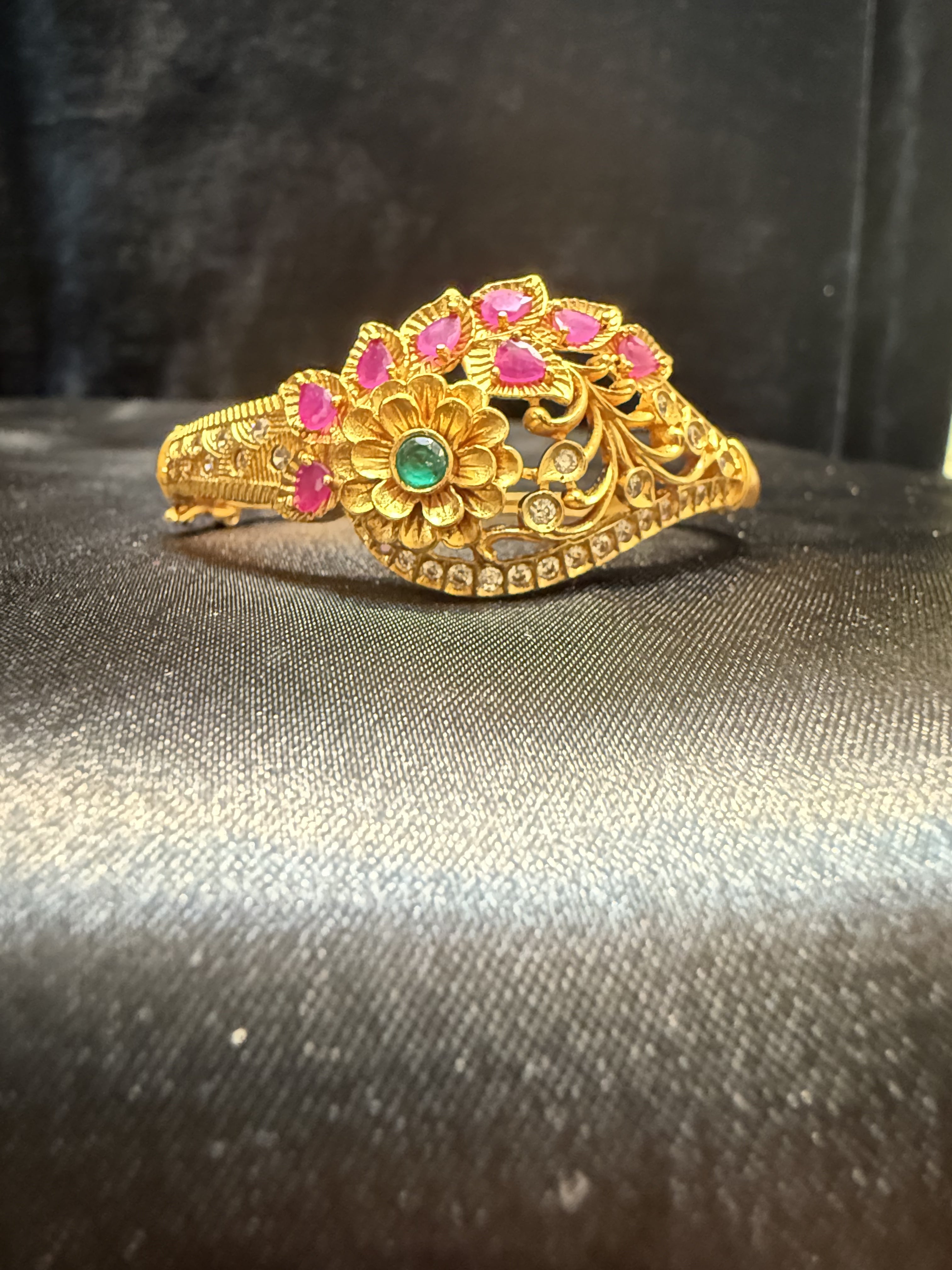Elegant Gold Plated Bracelet with Pink & Green Stones, Floral Leaf Design - Perfect for Weddings, Parties & Gift Giving