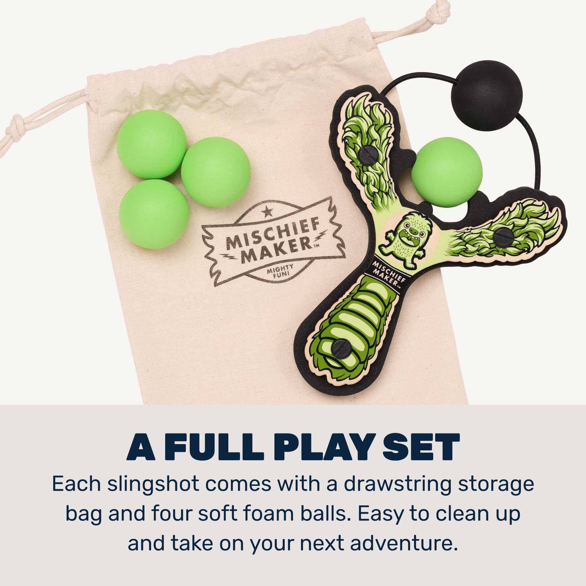 Mischief Maker® Wooden Slingshot - Lil' Monster Series - Real Wood Catapult Toy for Kids Ages 4+ with 4 Soft Foam Balls & Storage Bag - Outdoor Play, Backyard Games, Camping Fun (Green)
